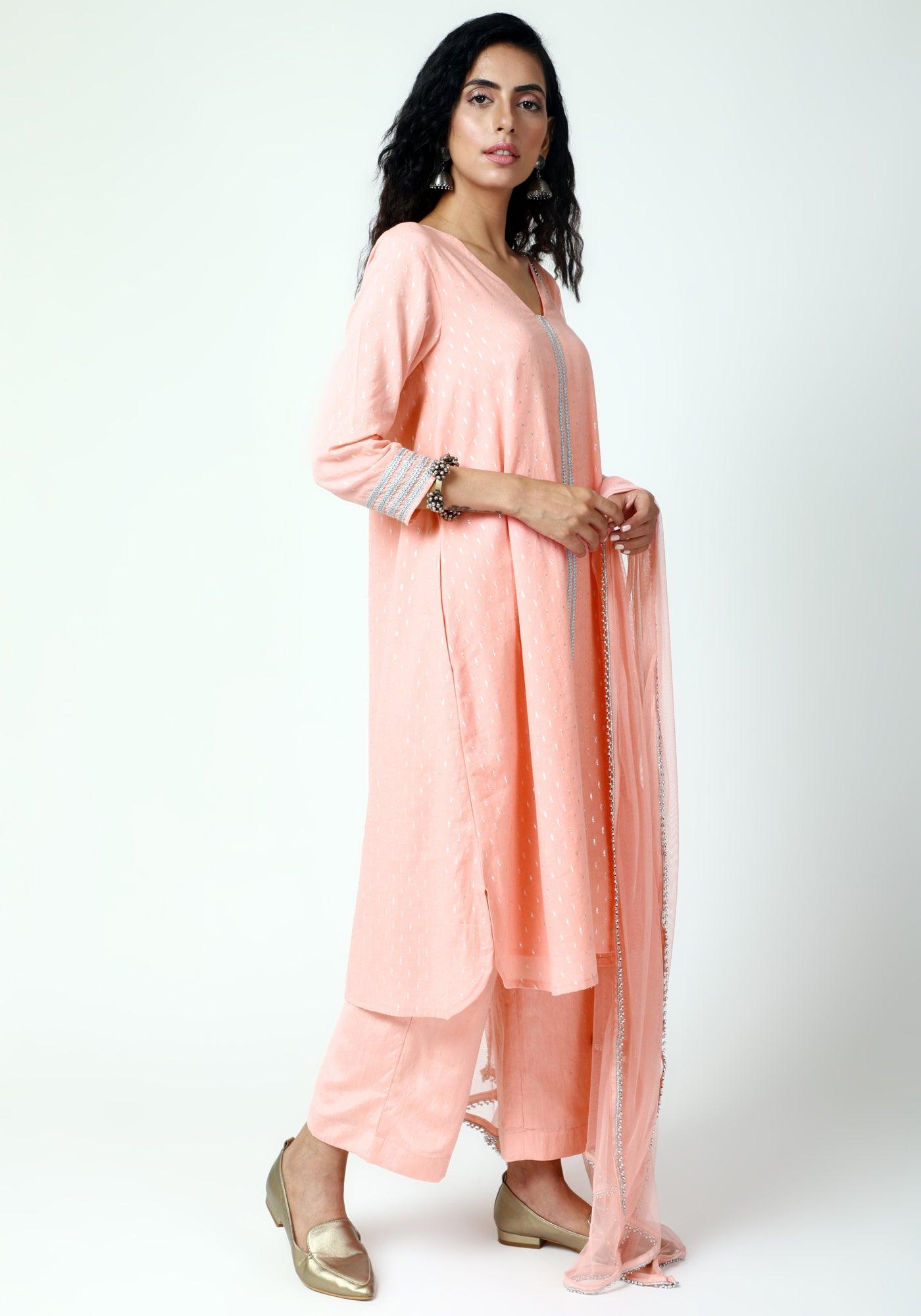 trueBrowns Peach Silver Laced Kurta-Pant-Dupatta