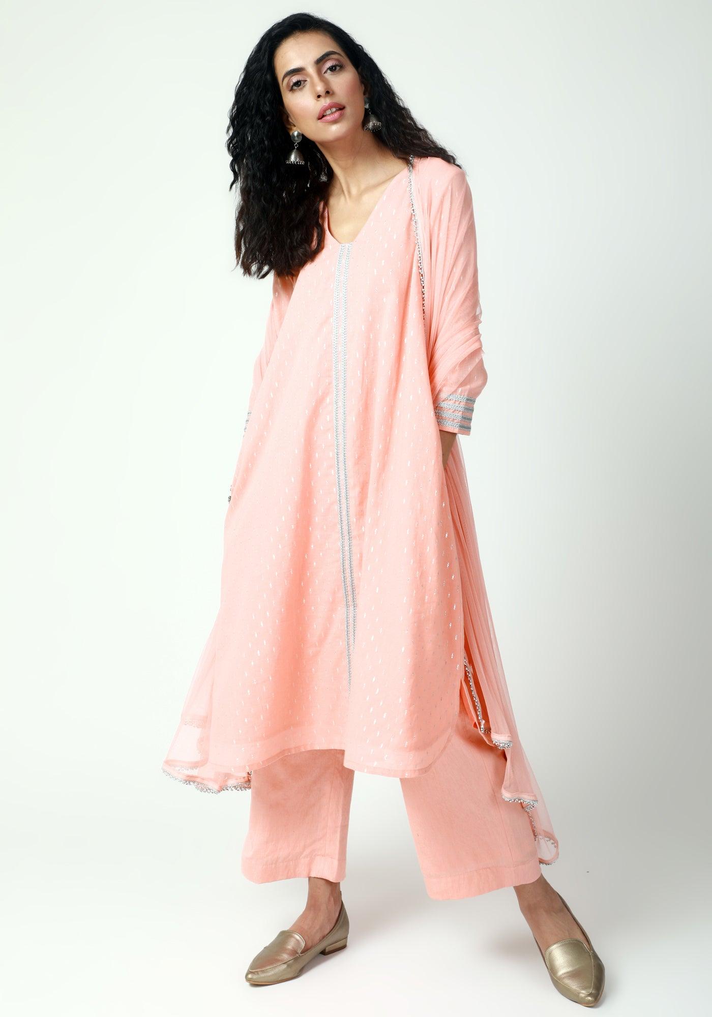 trueBrowns Peach Silver Laced Kurta-Pant-Dupatta