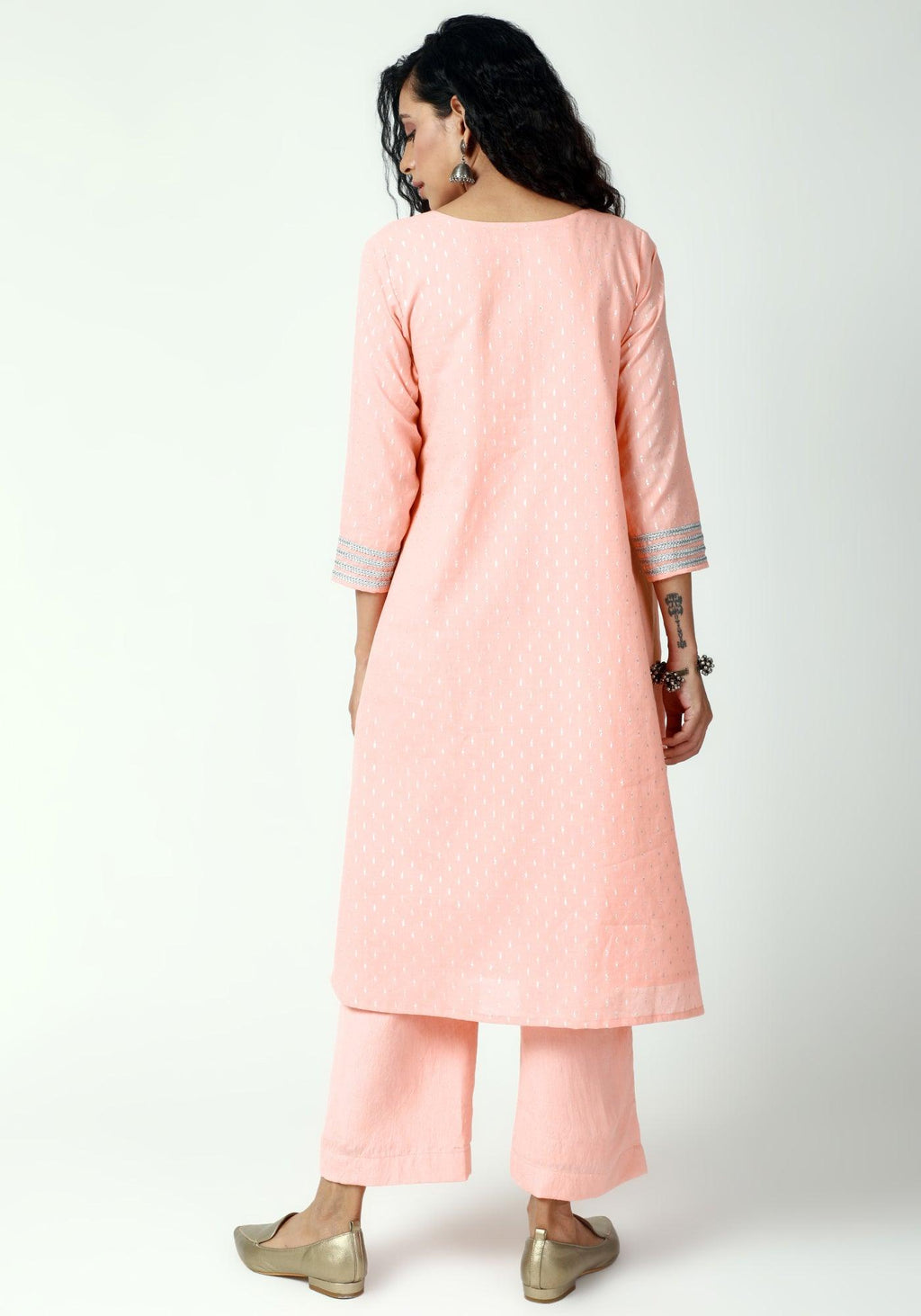 trueBrowns Peach Silver Laced Kurta-Pant-Dupatta