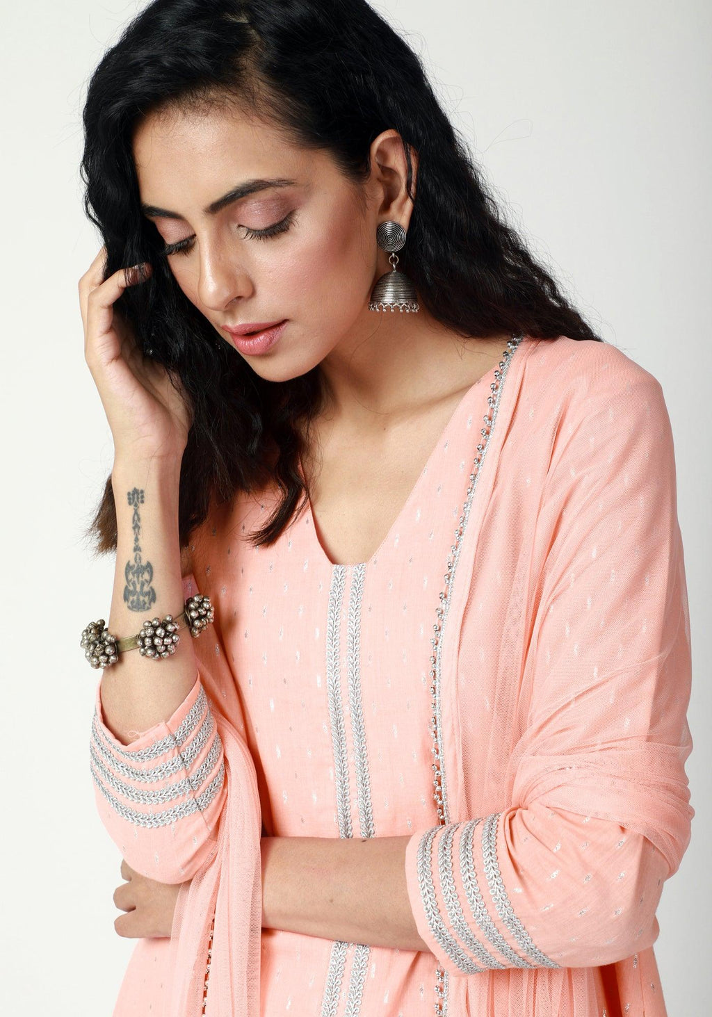 trueBrowns Peach Silver Laced Kurta-Pant-Dupatta