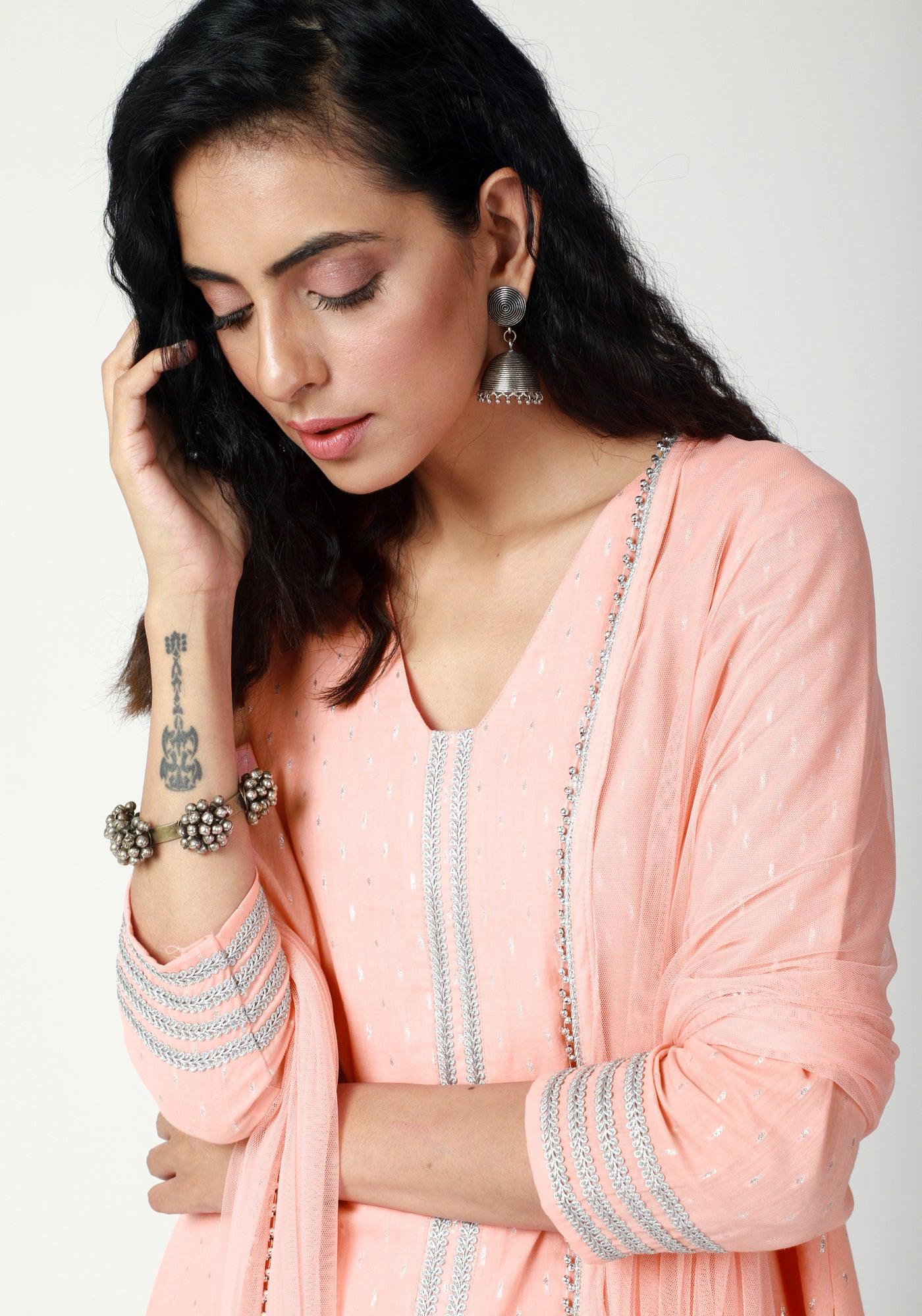 trueBrowns Peach Silver Laced Kurta-Pant-Dupatta