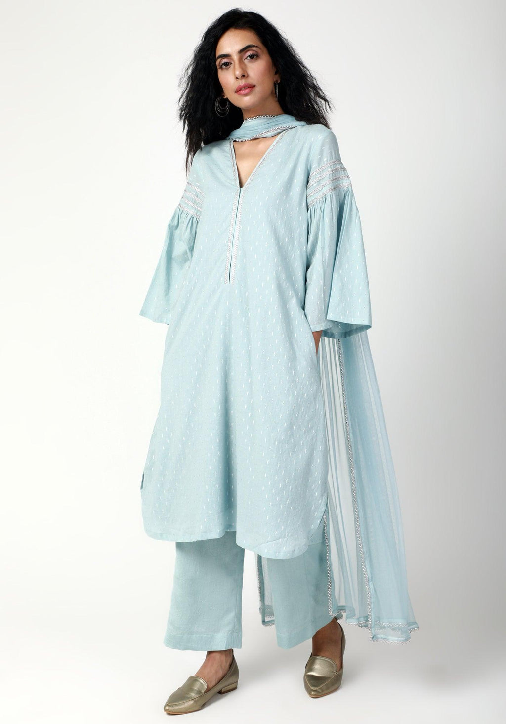trueBrowns Blue Silver Laced Kurta-Pant-Dupatta