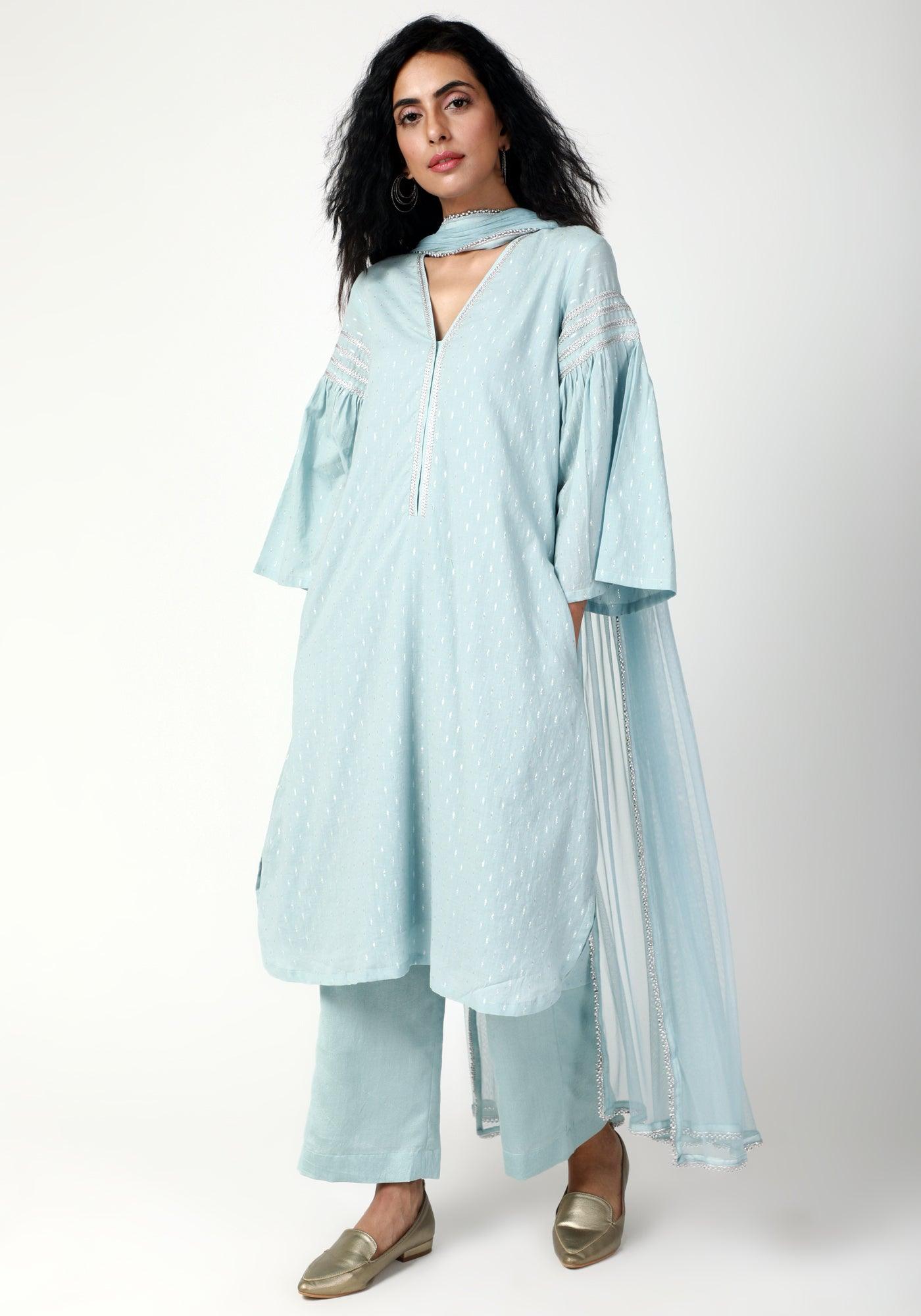 trueBrowns Blue Silver Laced Kurta-Pant-Dupatta