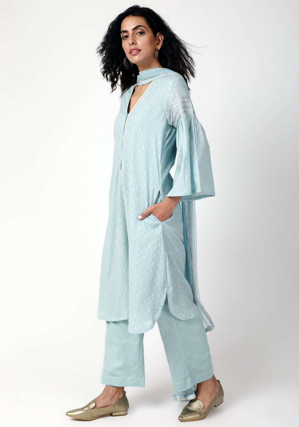 trueBrowns Blue Silver Laced Kurta-Pant-Dupatta