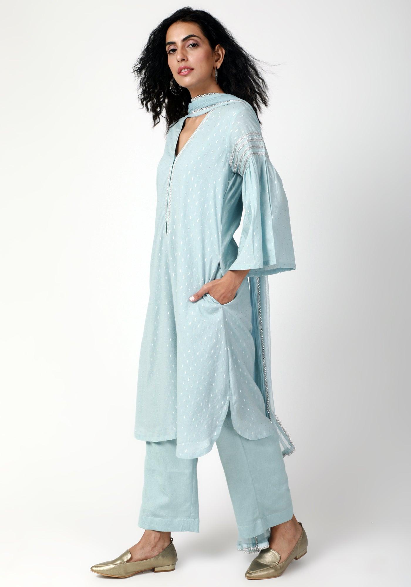 trueBrowns Blue Silver Laced Kurta-Pant-Dupatta