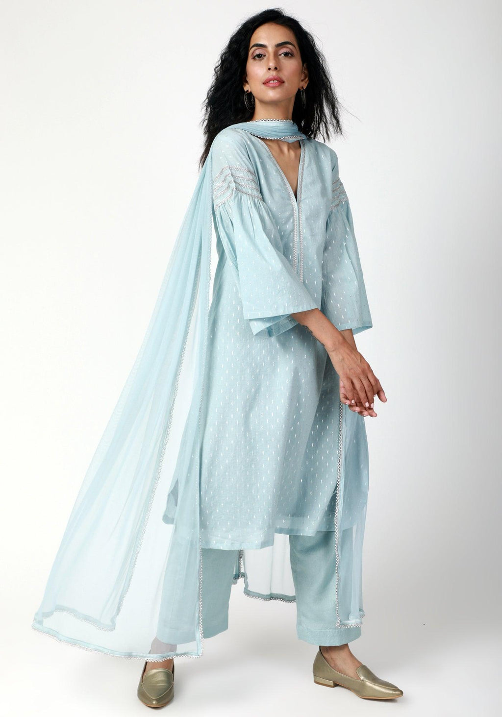trueBrowns Blue Silver Laced Kurta-Pant-Dupatta