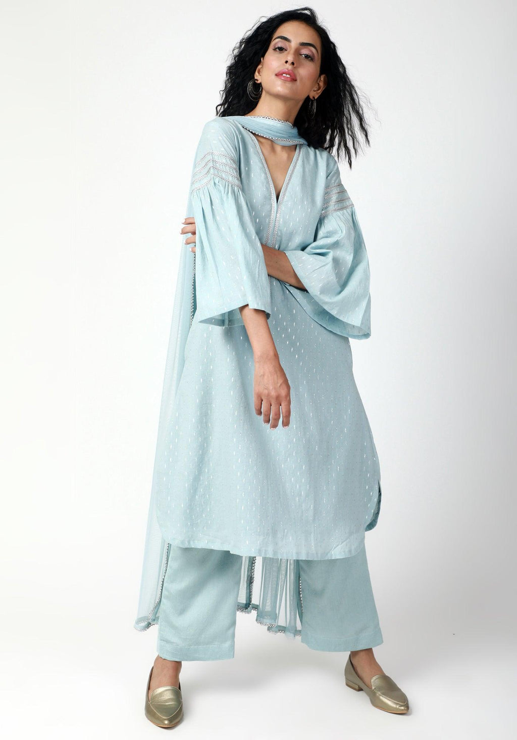 trueBrowns Blue Silver Laced Kurta-Pant-Dupatta