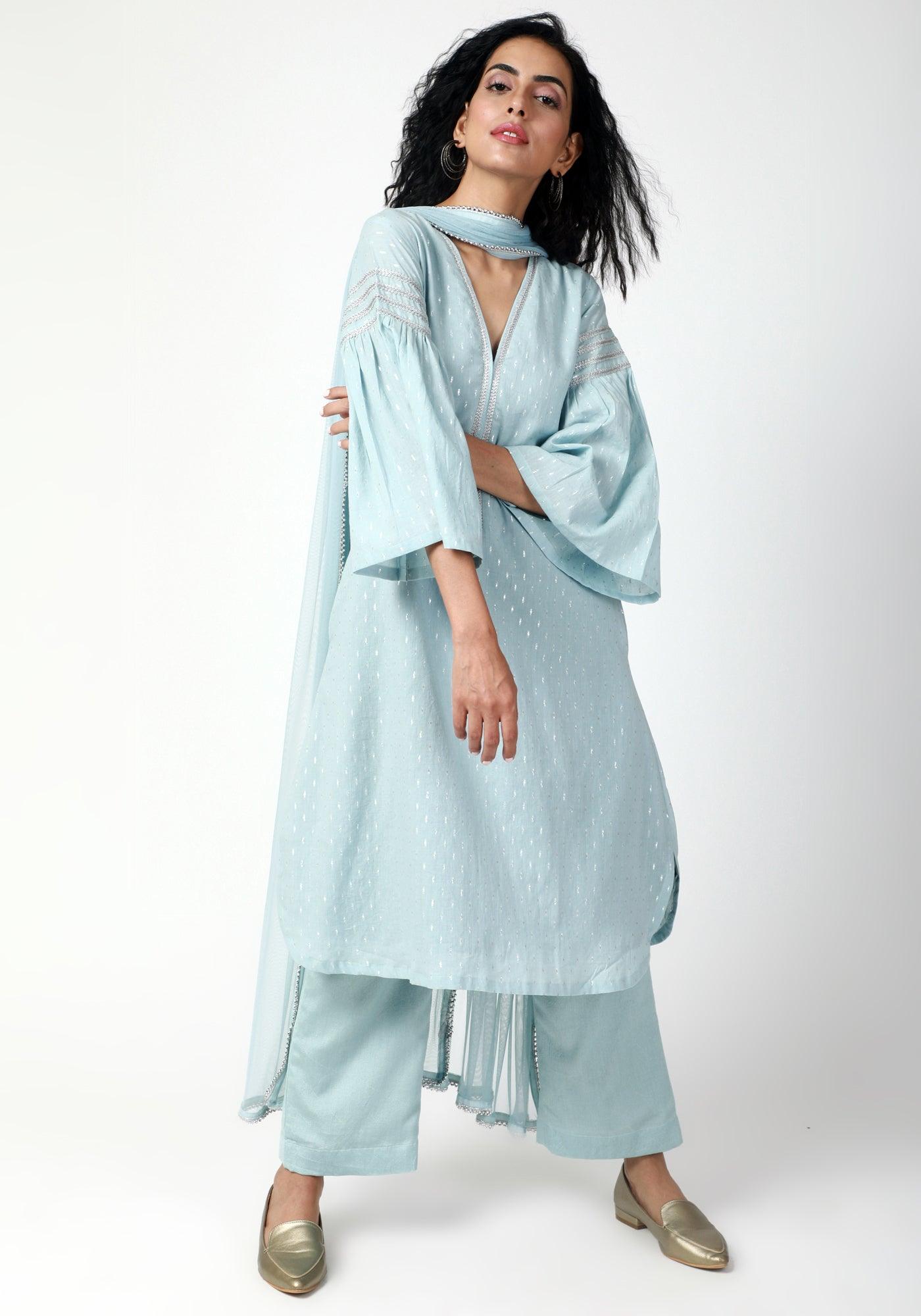 trueBrowns Blue Silver Laced Kurta-Pant-Dupatta