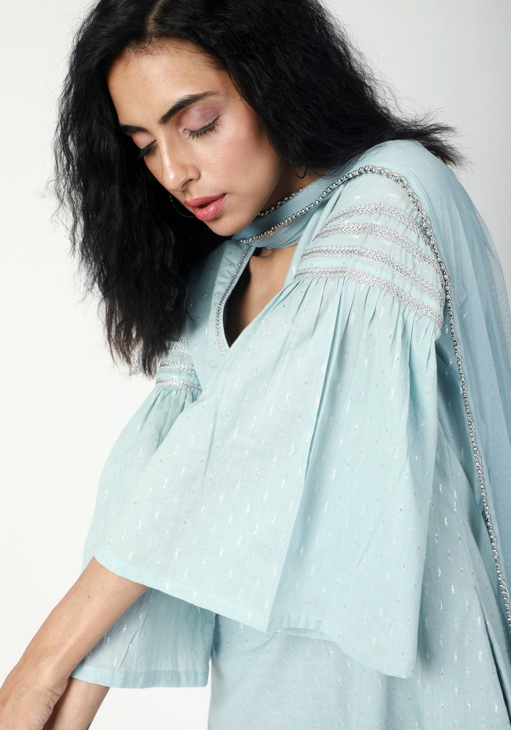 trueBrowns Blue Silver Laced Kurta-Pant-Dupatta