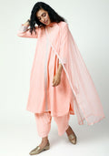 trueBrowns Peach Silver Laced Kurta- Ruffled Pant-Dupatta