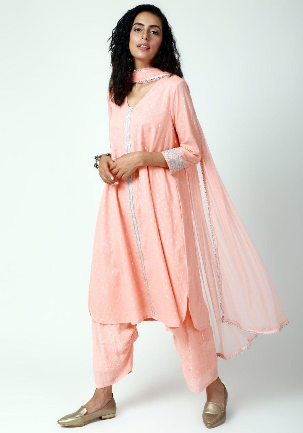 trueBrowns Peach Silver Laced Kurta- Ruffled Pant-Dupatta