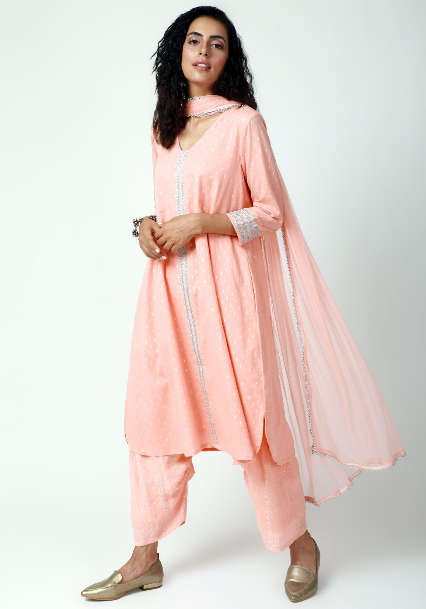 trueBrowns Peach Silver Laced Kurta- Ruffled Pant-Dupatta