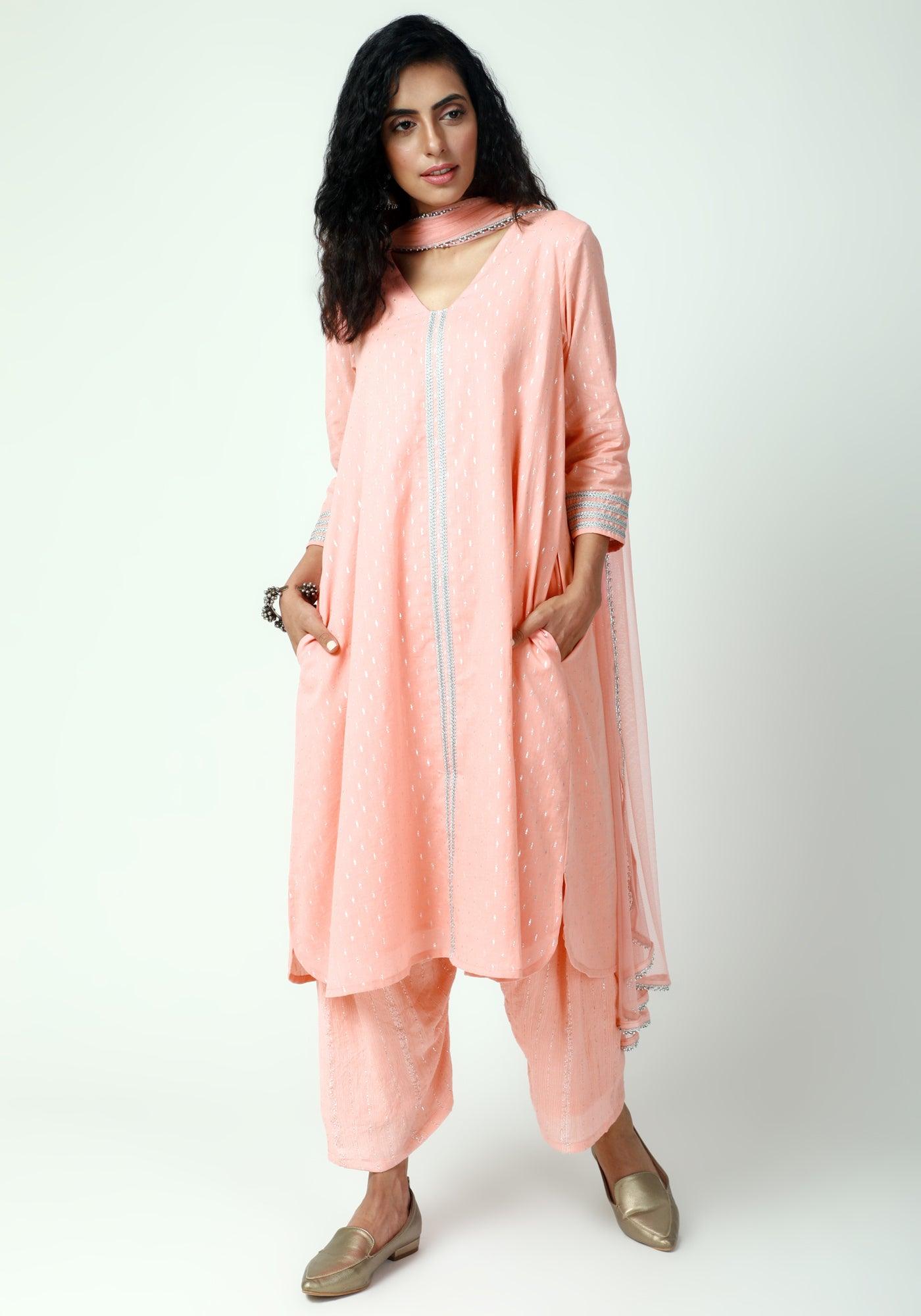 trueBrowns Peach Silver Laced Kurta- Ruffled Pant-Dupatta