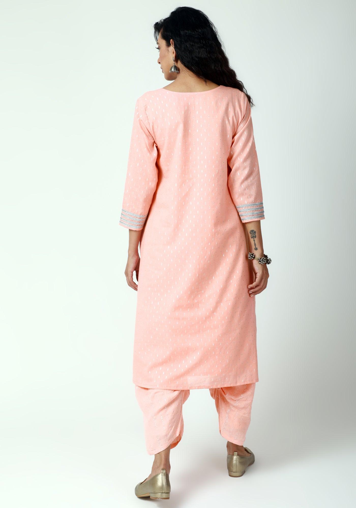 trueBrowns Peach Silver Laced Kurta- Ruffled Pant-Dupatta