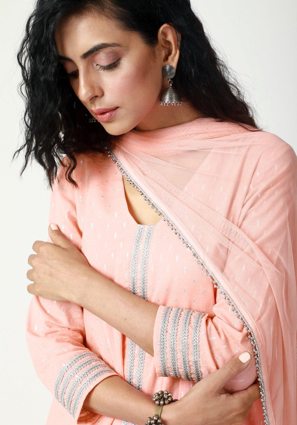 trueBrowns Peach Silver Laced Kurta- Ruffled Pant-Dupatta