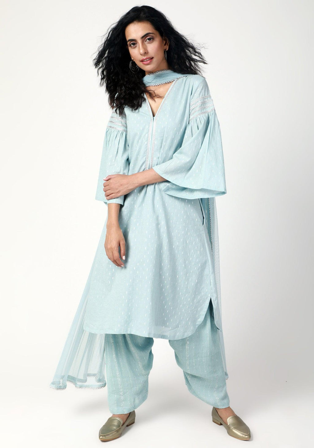 trueBrowns Blue Silver Laced Kurta- Ruffled Pant-Dupatta