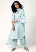 trueBrowns Blue Silver Laced Kurta- Ruffled Pant-Dupatta