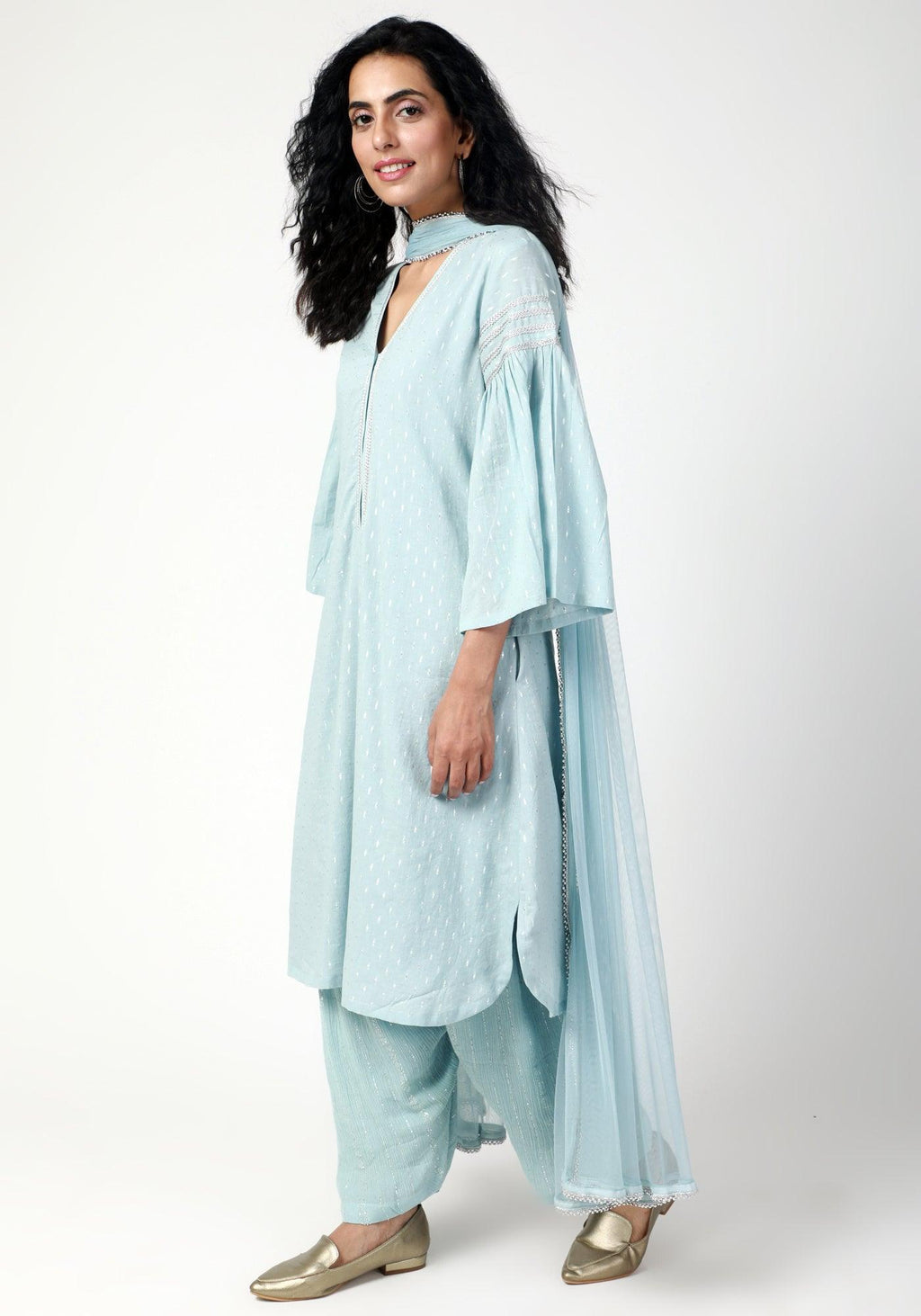 trueBrowns Blue Silver Laced Kurta- Ruffled Pant-Dupatta