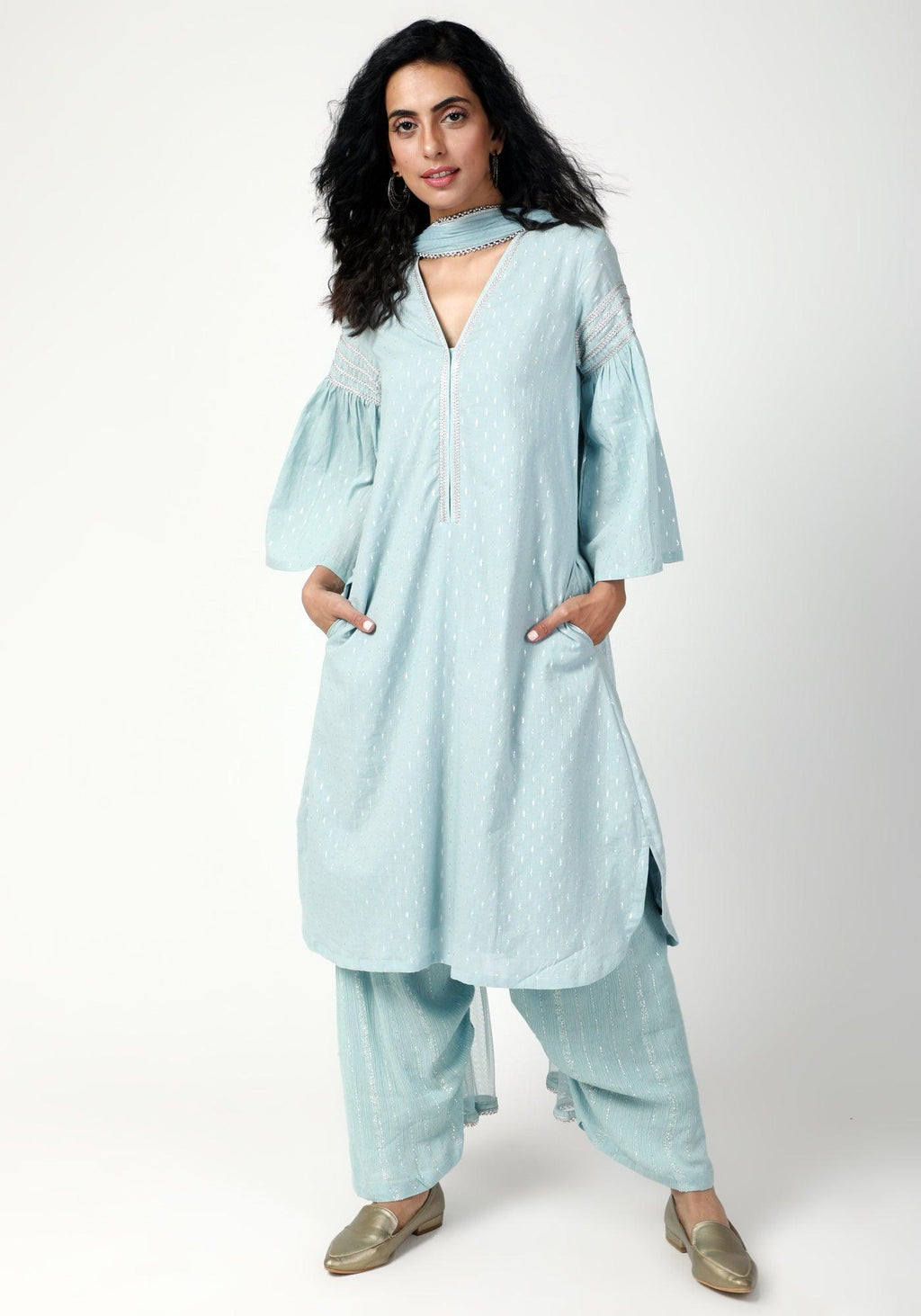 trueBrowns Blue Silver Laced Kurta- Ruffled Pant-Dupatta