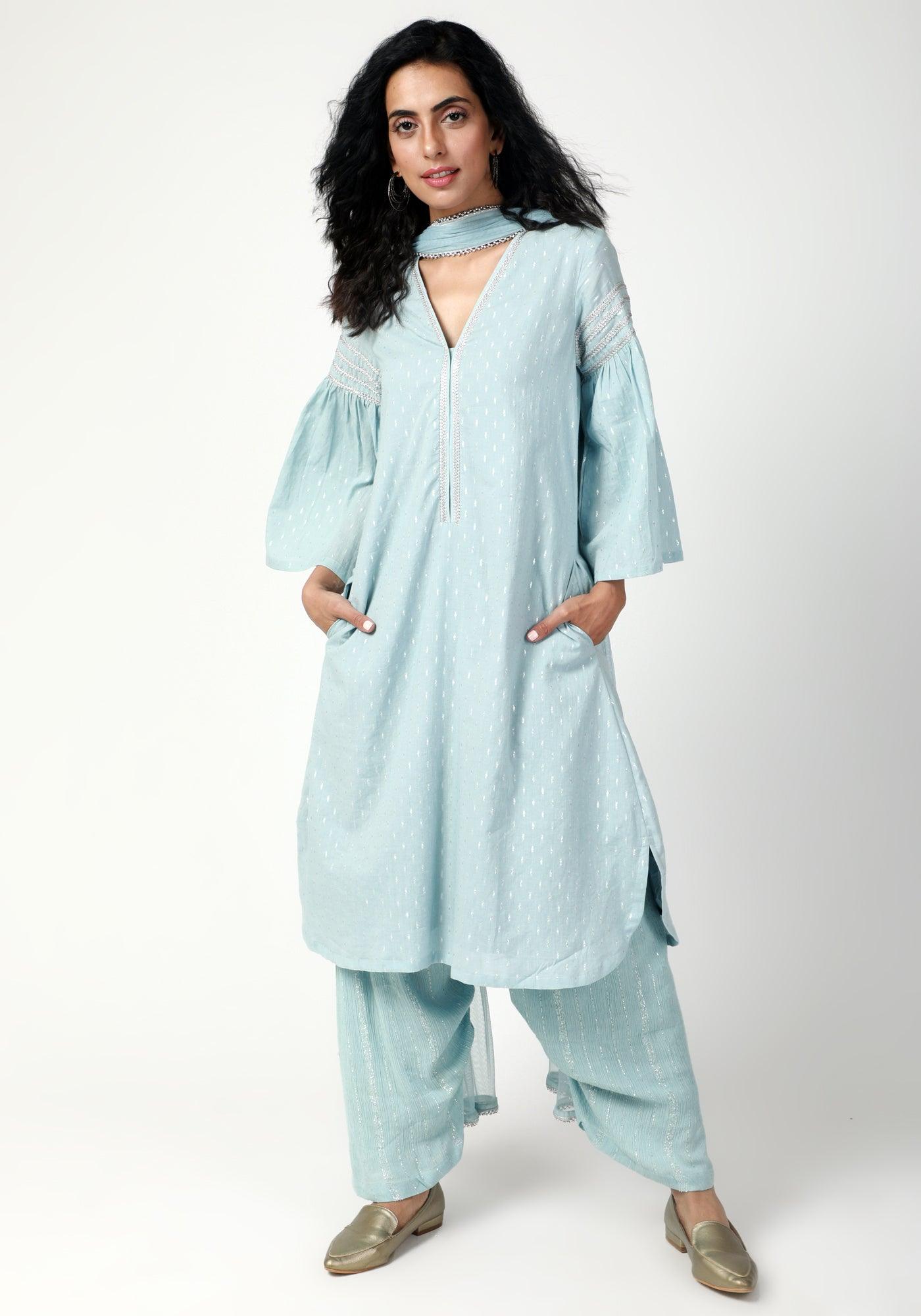 trueBrowns Blue Silver Laced Kurta- Ruffled Pant-Dupatta