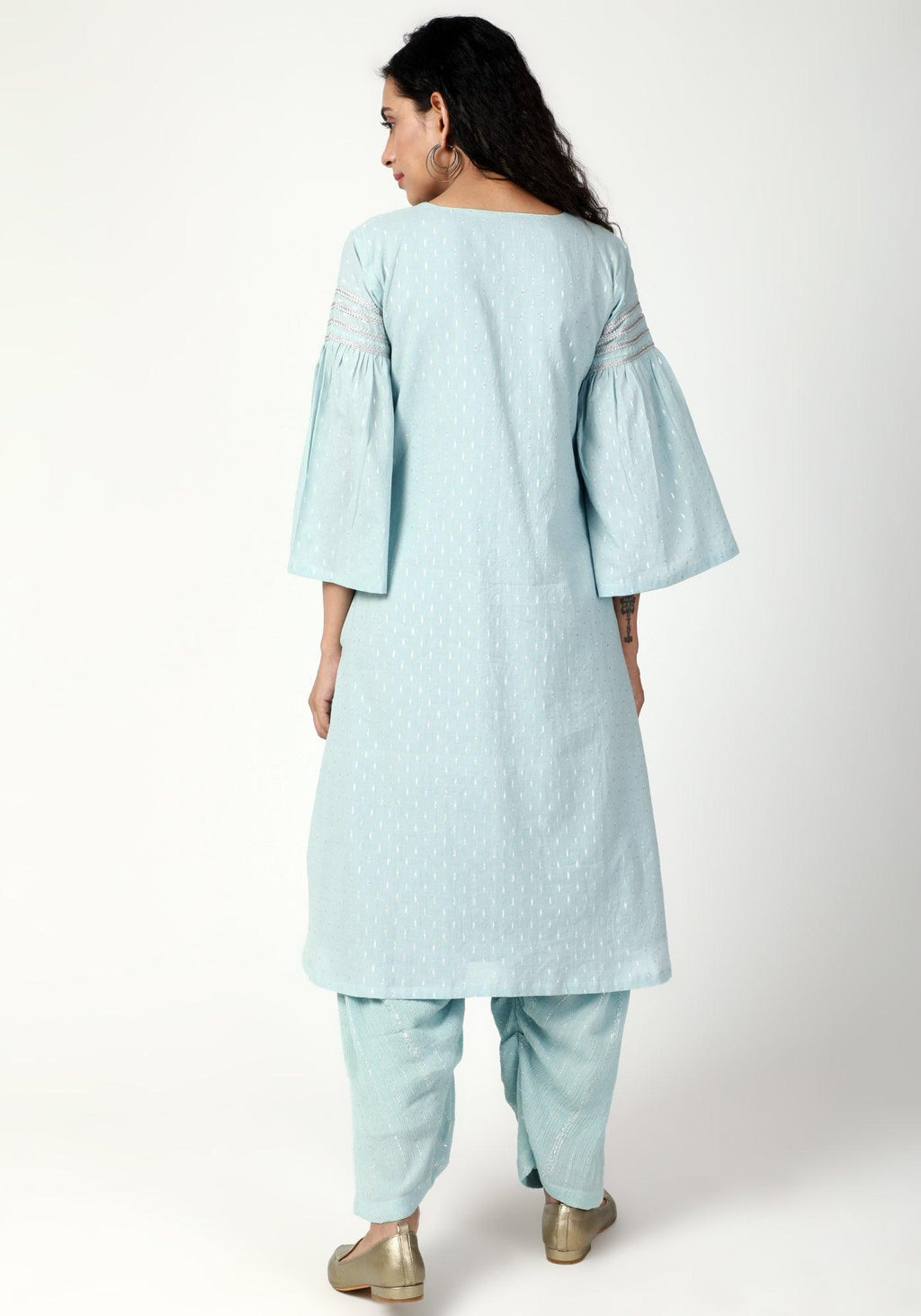 trueBrowns Blue Silver Laced Kurta- Ruffled Pant-Dupatta