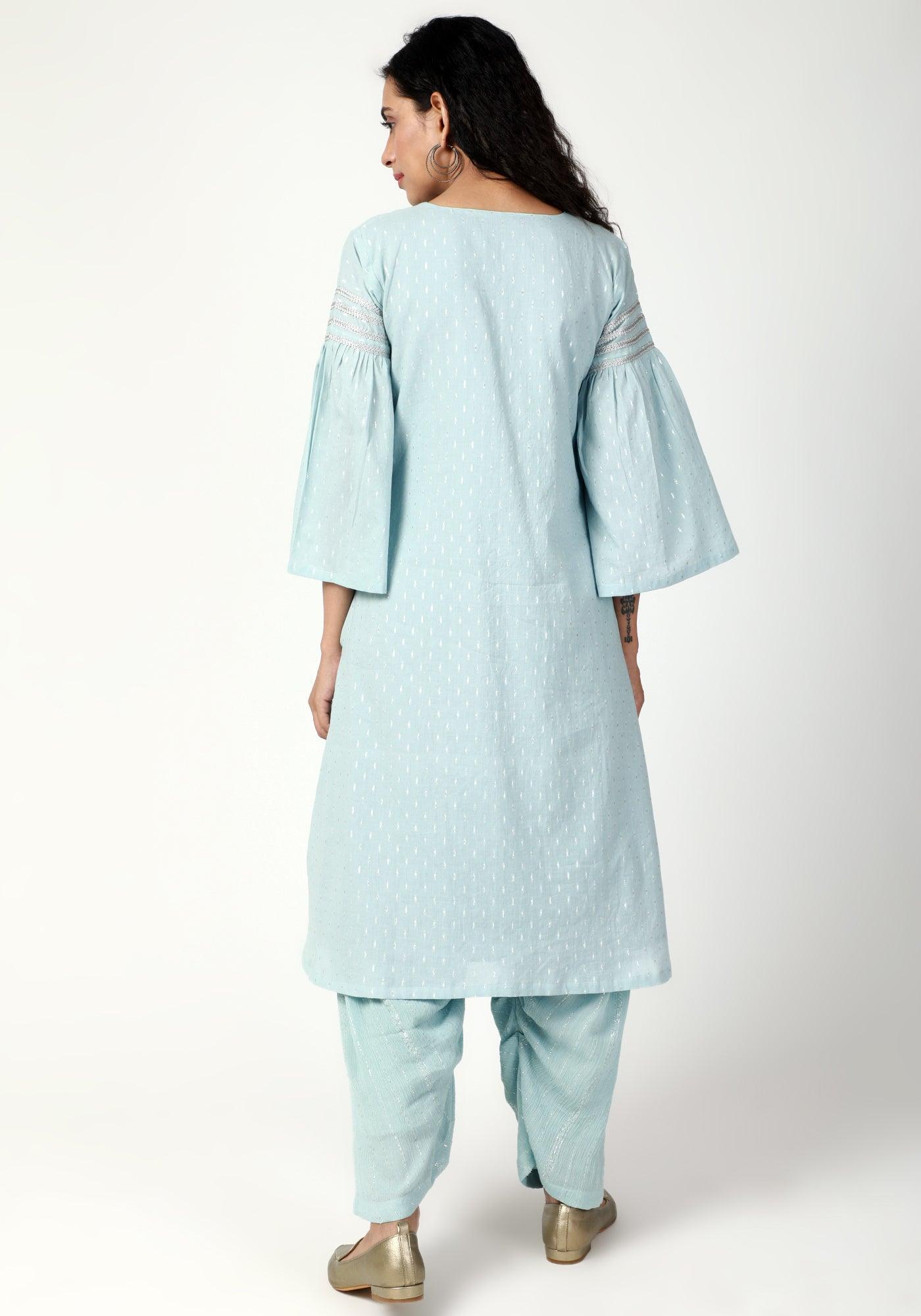 trueBrowns Blue Silver Laced Kurta- Ruffled Pant-Dupatta