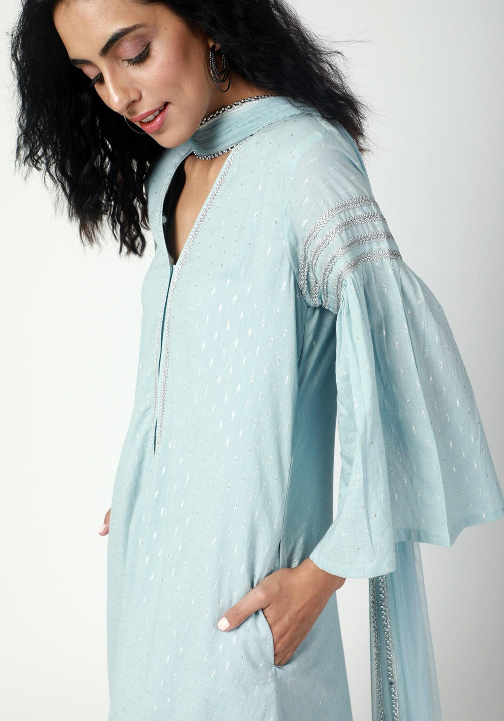 trueBrowns Blue Silver Laced Kurta- Ruffled Pant-Dupatta