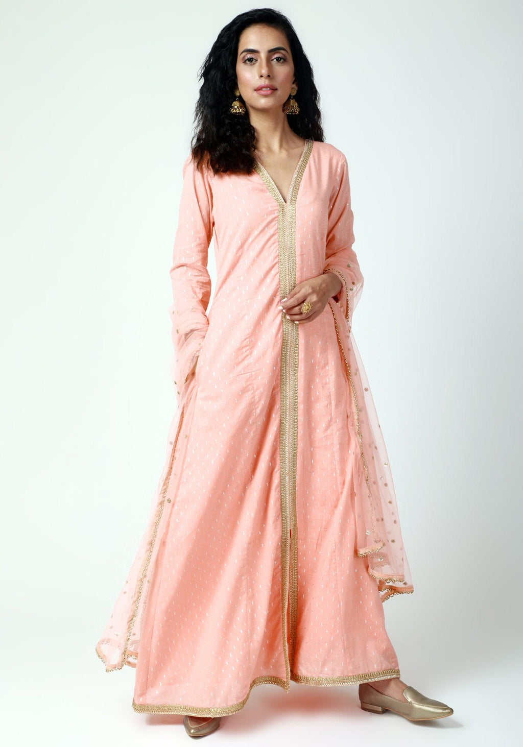 trueBrowns Peach Lace Kurta-Pant-Dupatta