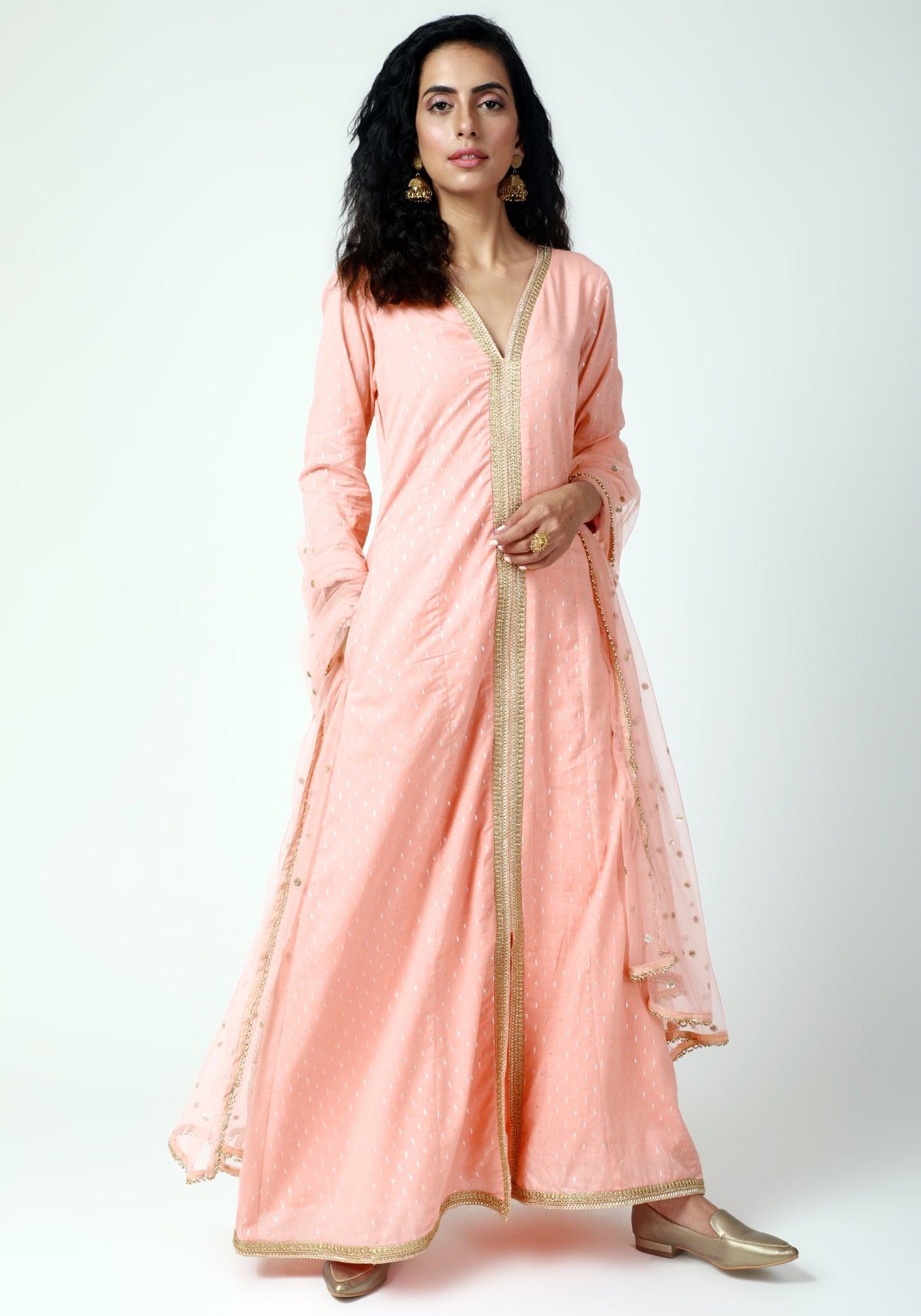 trueBrowns Peach Lace Kurta-Pant-Dupatta
