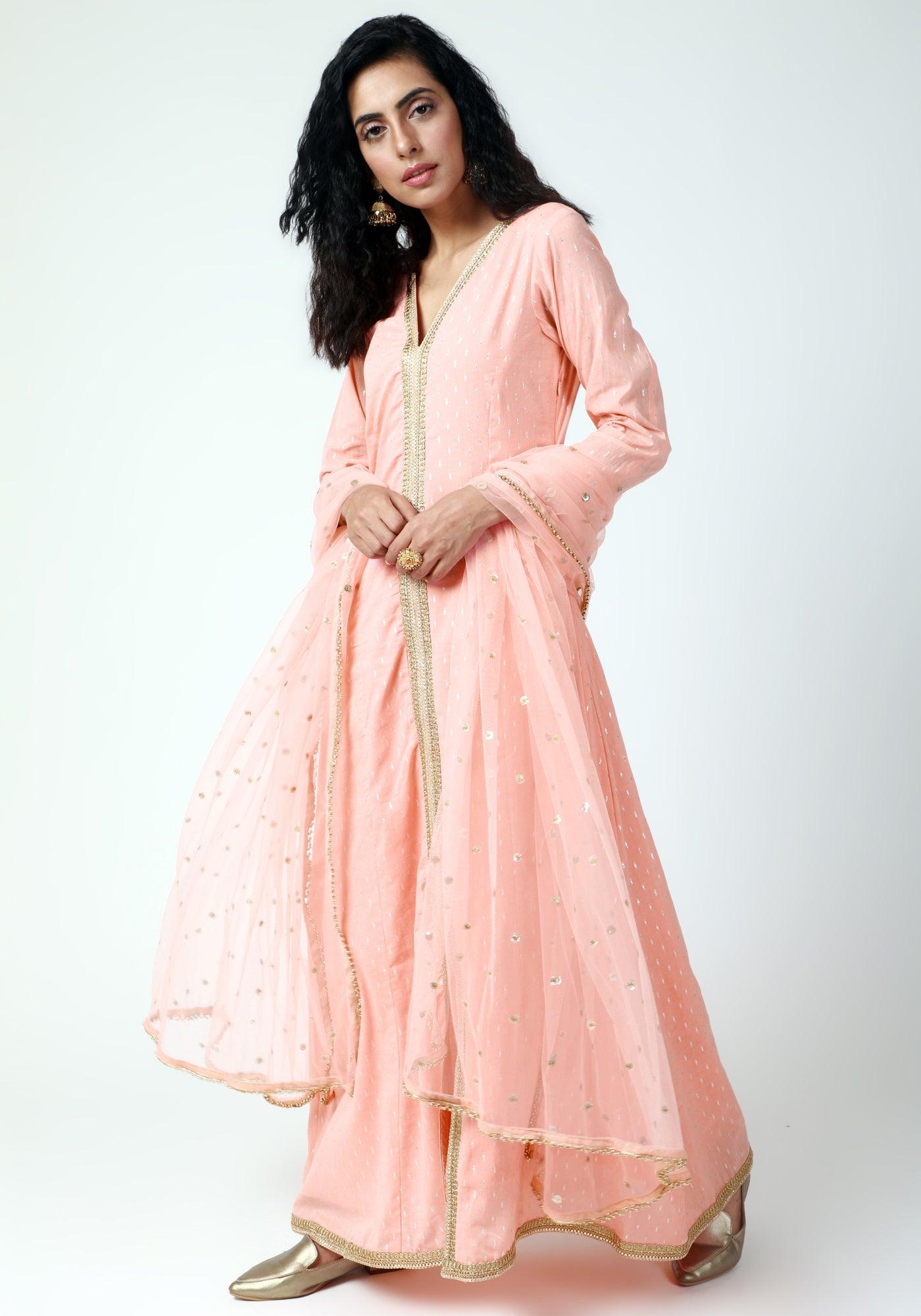 trueBrowns Peach Lace Kurta-Pant-Dupatta