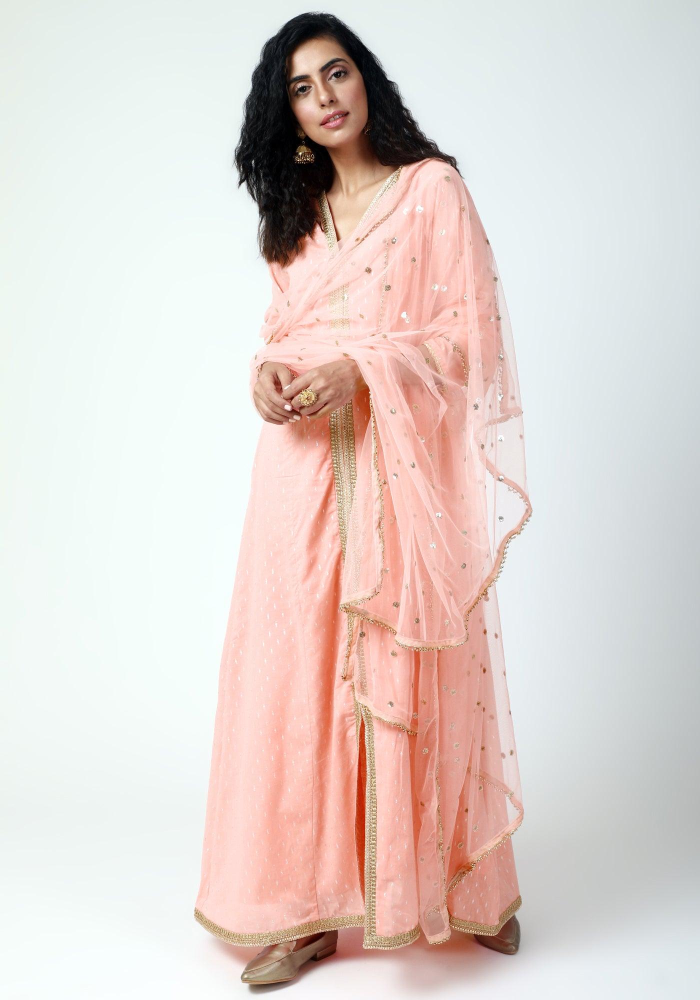 trueBrowns Peach Lace Kurta-Pant-Dupatta
