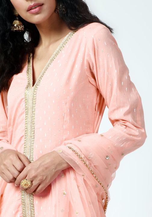 trueBrowns Peach Lace Kurta-Pant-Dupatta