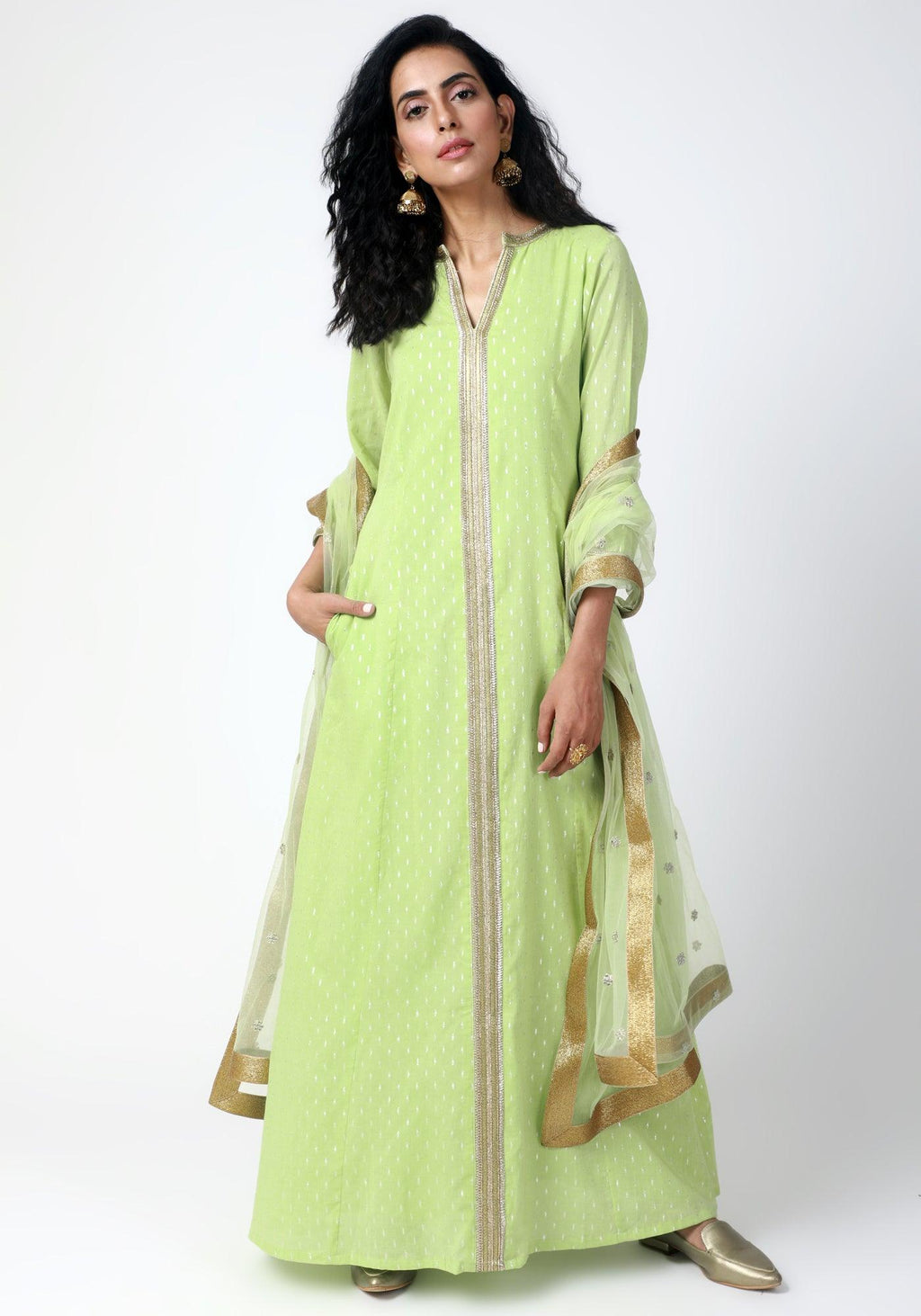 trueBrowns Green Lace Kurta-Pant-Dupatta