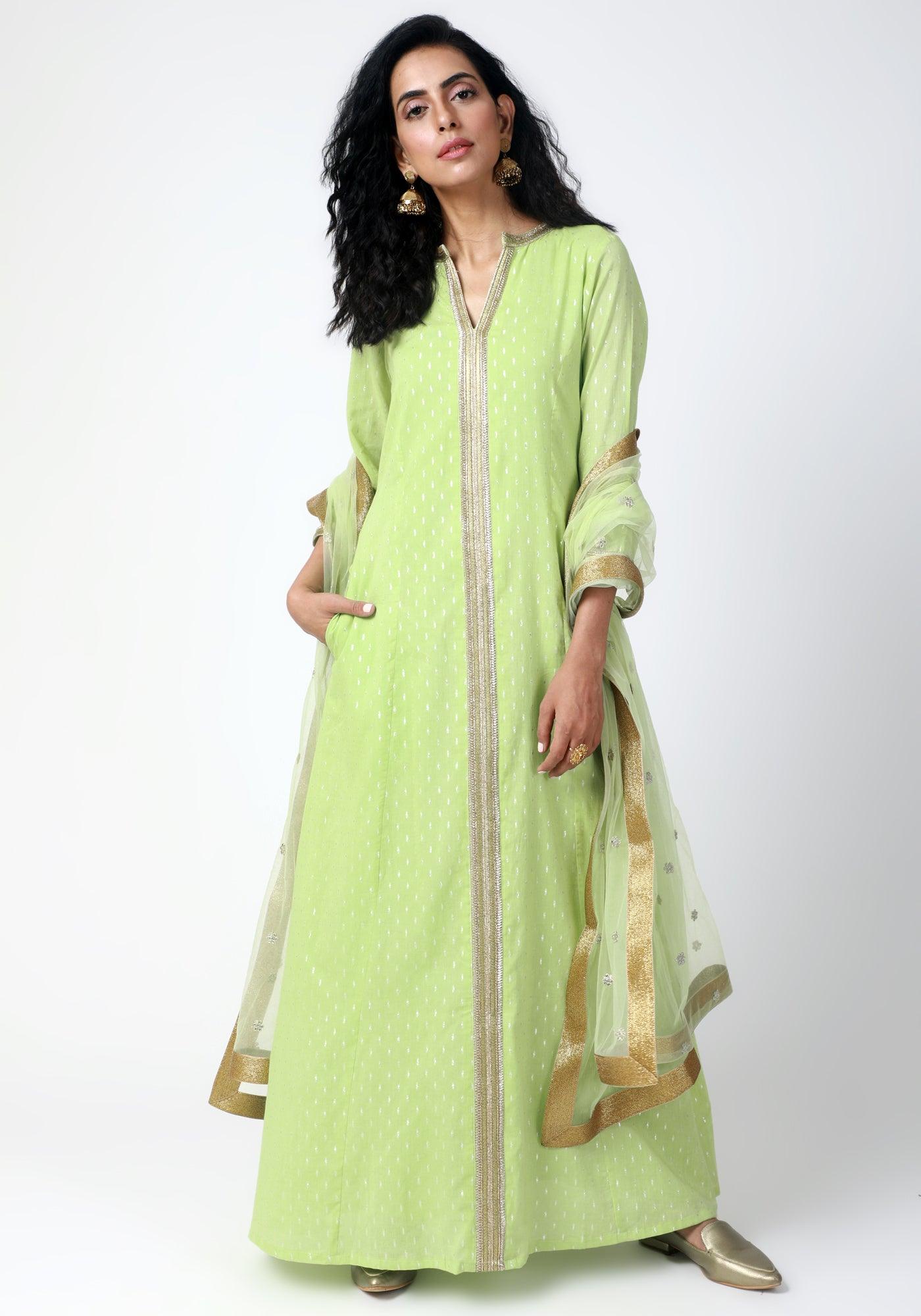 trueBrowns Green Lace Kurta-Pant-Dupatta