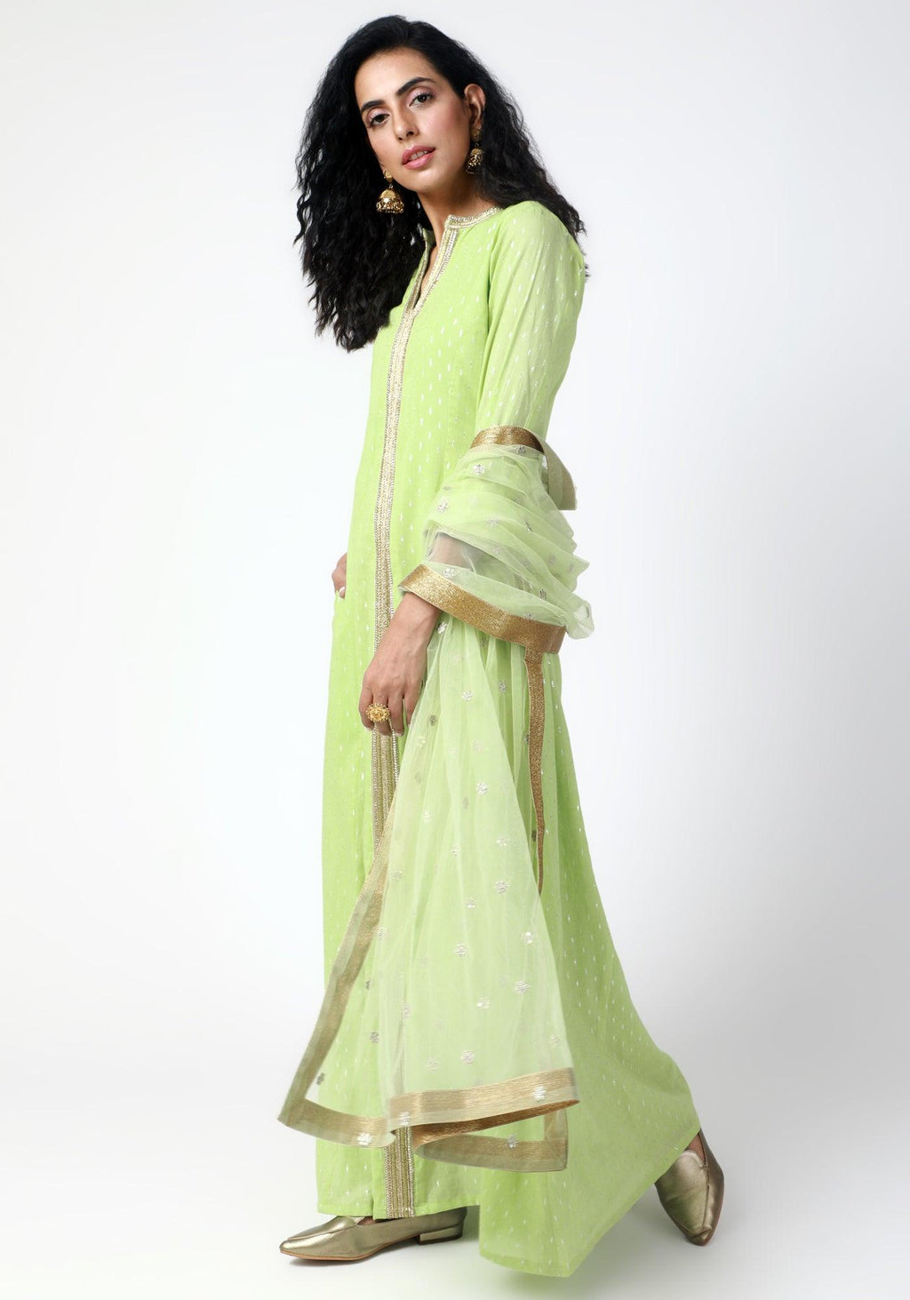 trueBrowns Green Lace Kurta-Pant-Dupatta