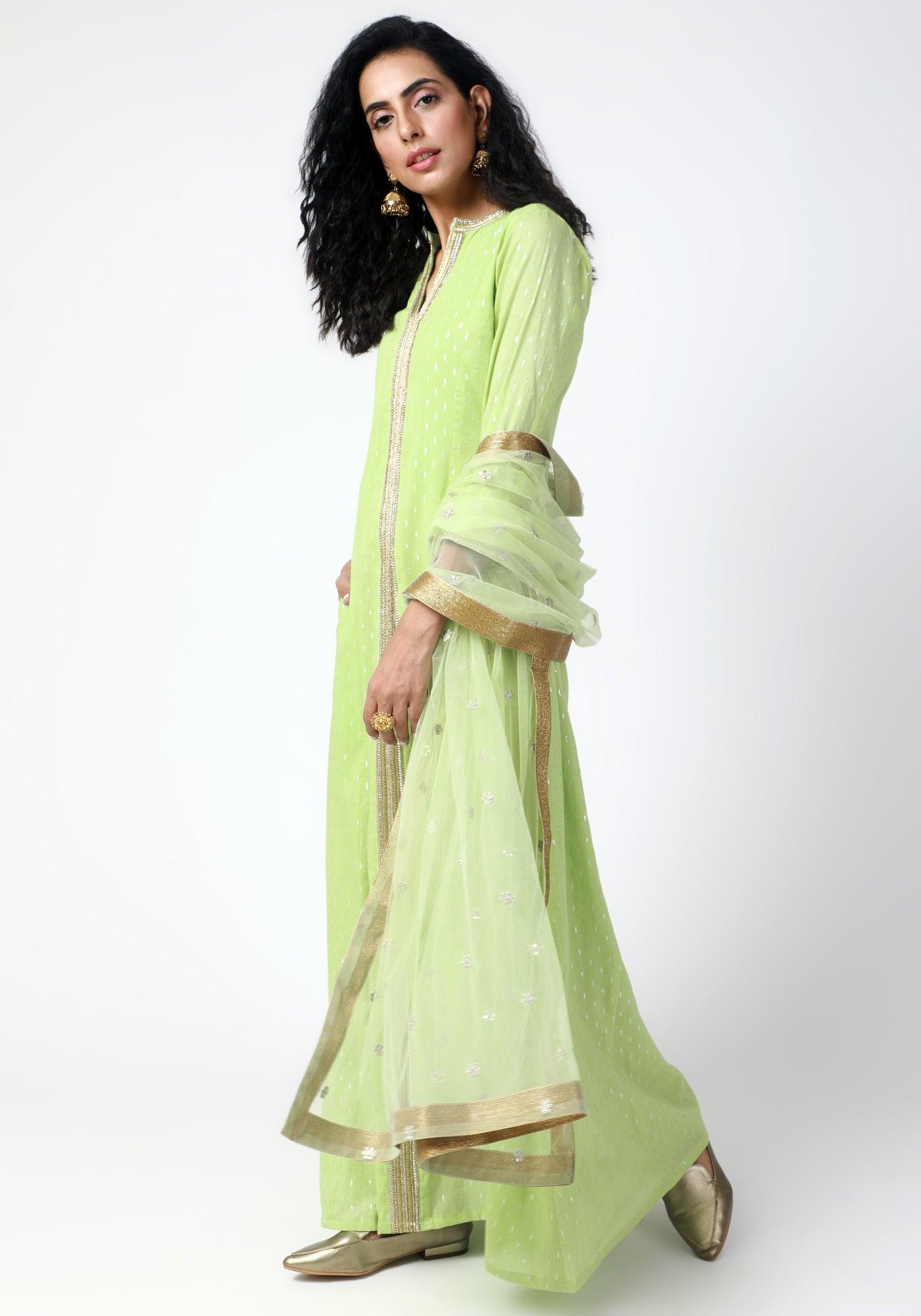 trueBrowns Green Lace Kurta-Pant-Dupatta