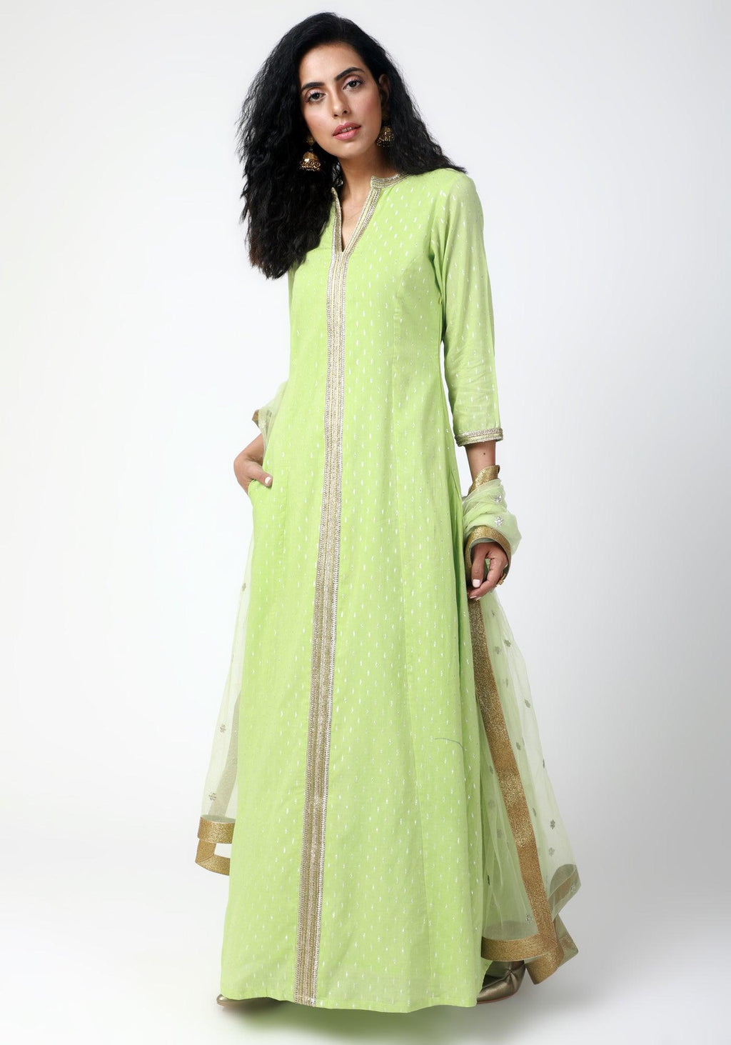 trueBrowns Green Lace Kurta-Pant-Dupatta