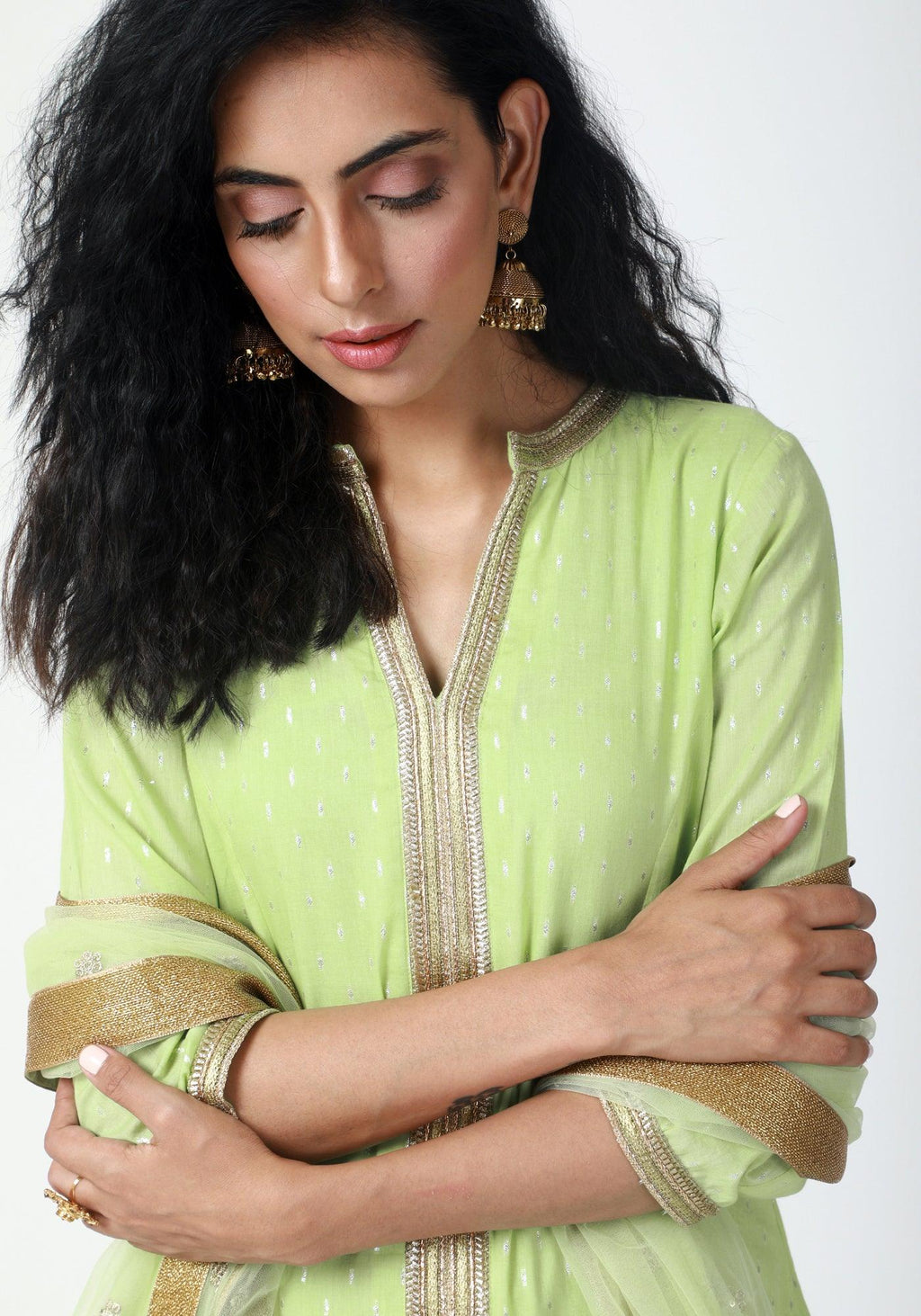 trueBrowns Green Lace Kurta-Pant-Dupatta