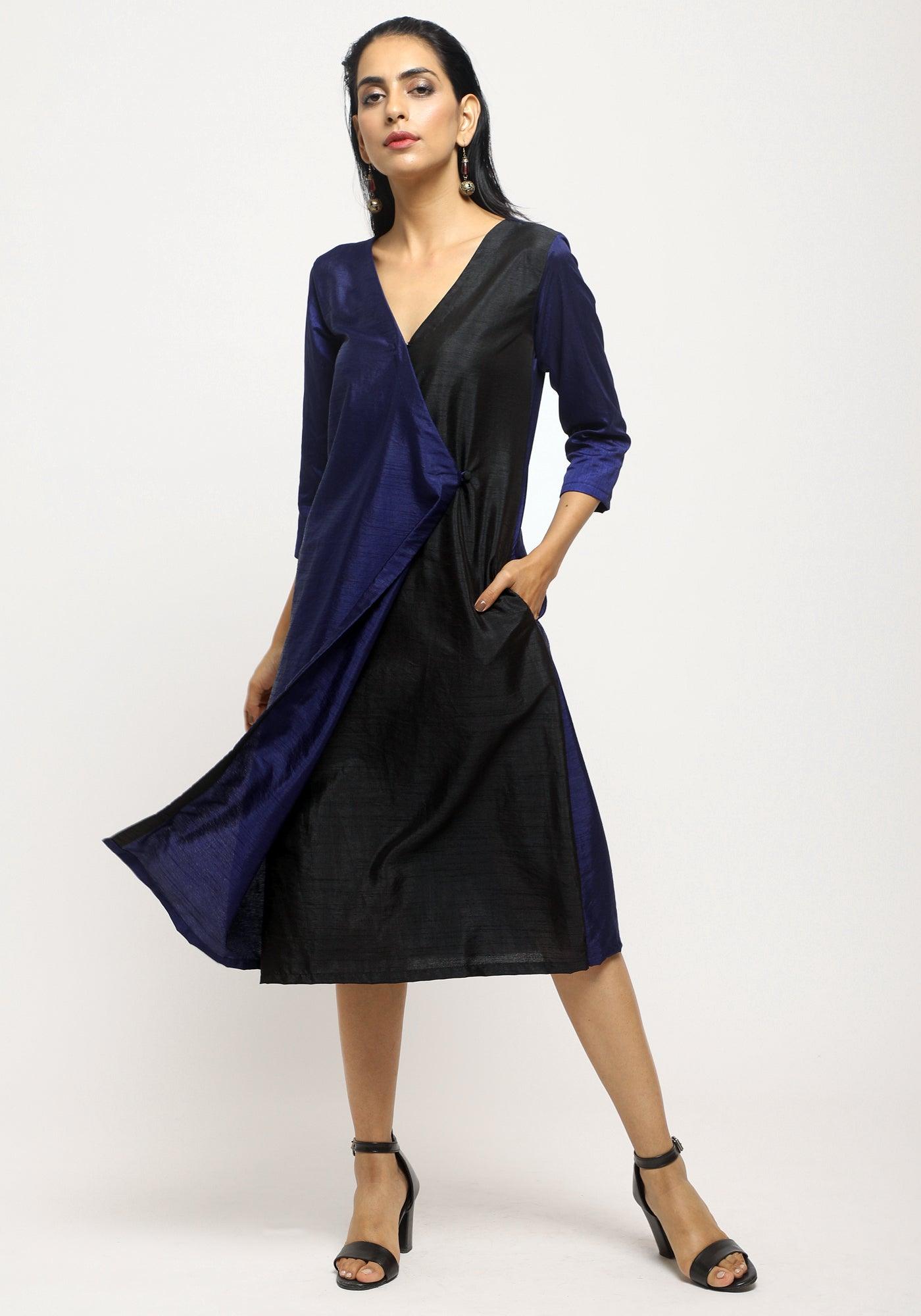 trueBrowns Blue Contrast Overlap Dress