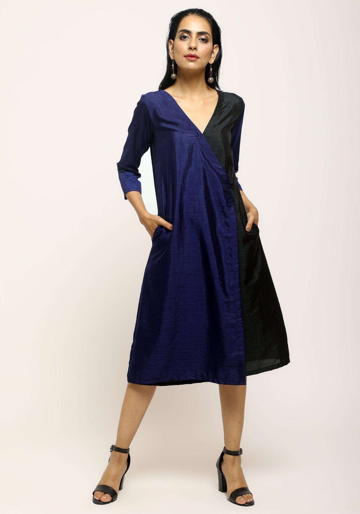 trueBrowns Blue Contrast Overlap Dress
