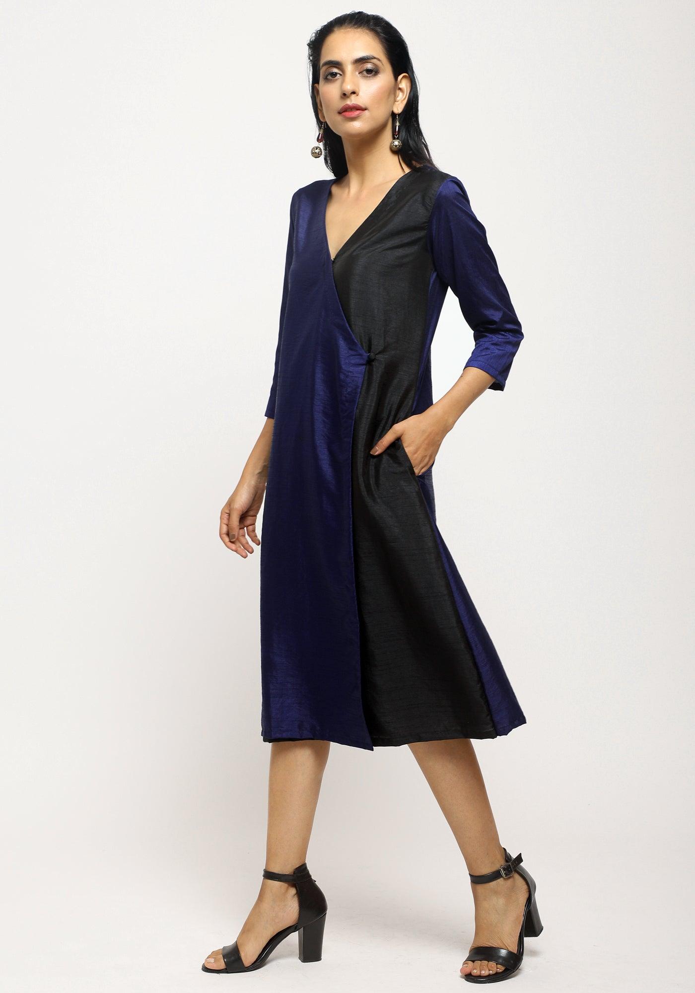 trueBrowns Blue Contrast Overlap Dress