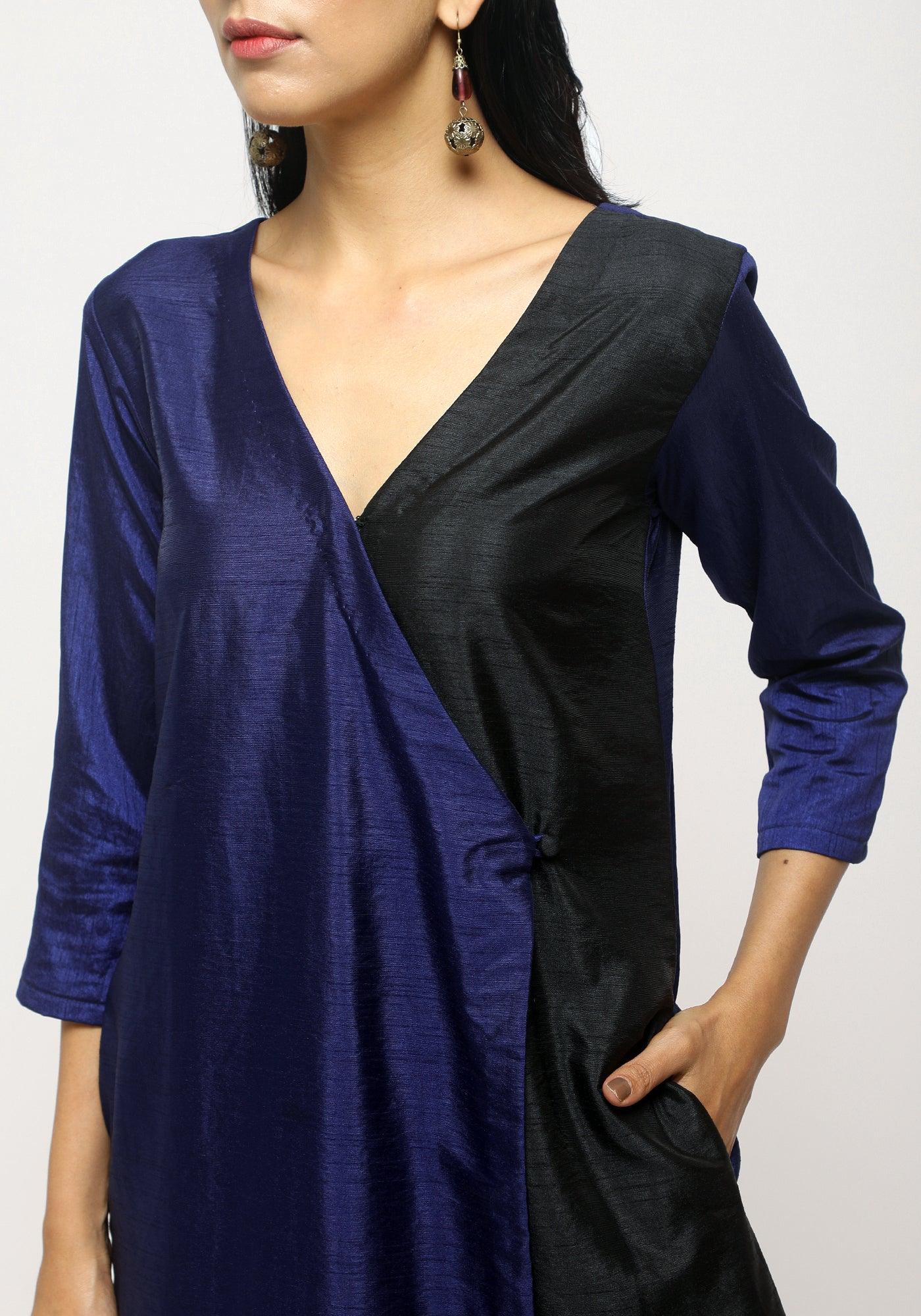 trueBrowns Blue Contrast Overlap Dress