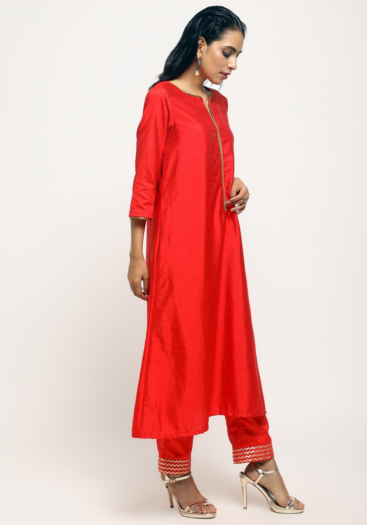 trueBrowns Orange Laced Kurta- Foil Pant