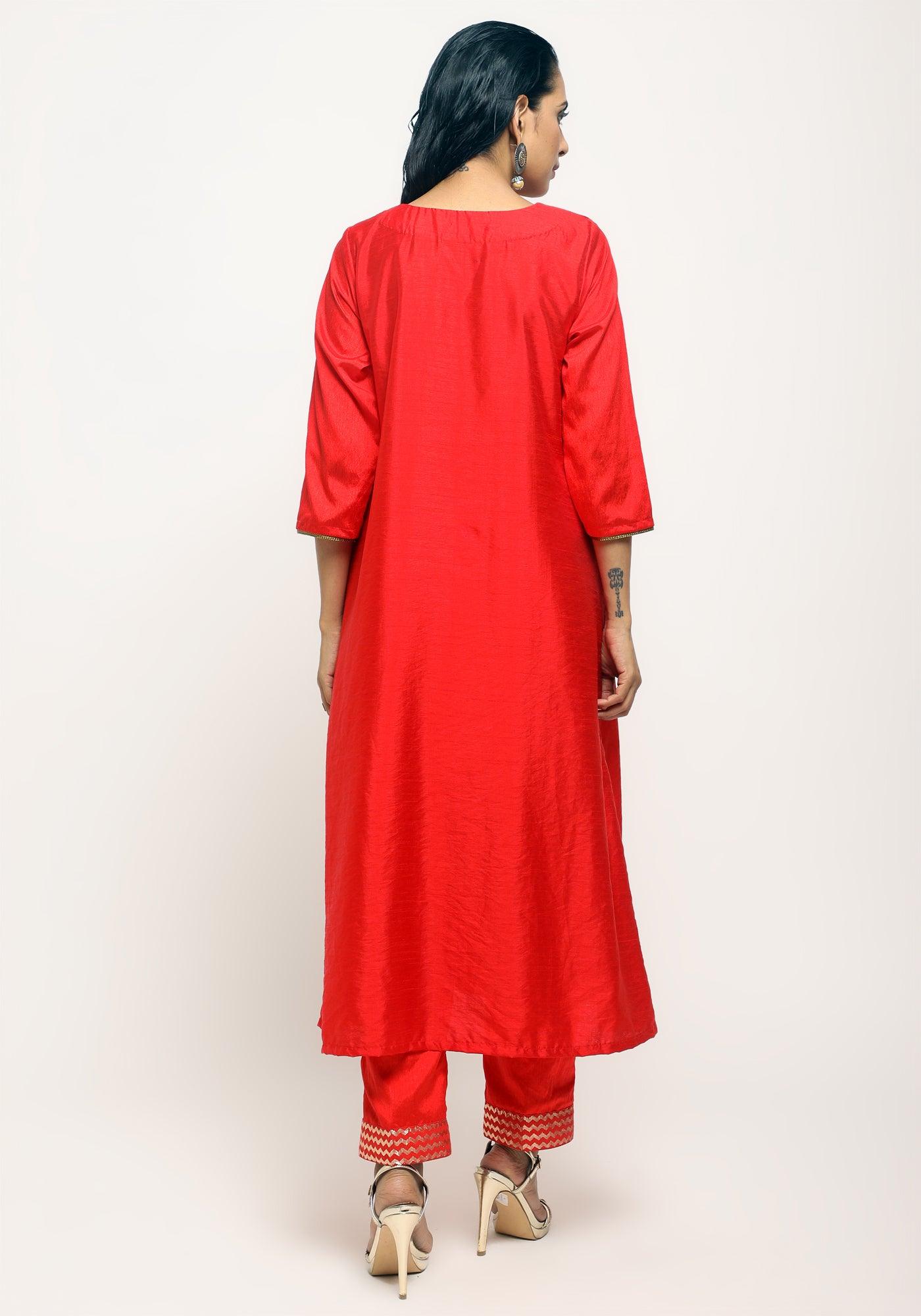 trueBrowns Orange Laced Kurta- Foil Pant