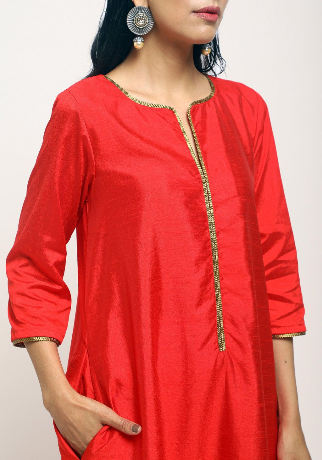trueBrowns Orange Laced Kurta- Foil Pant