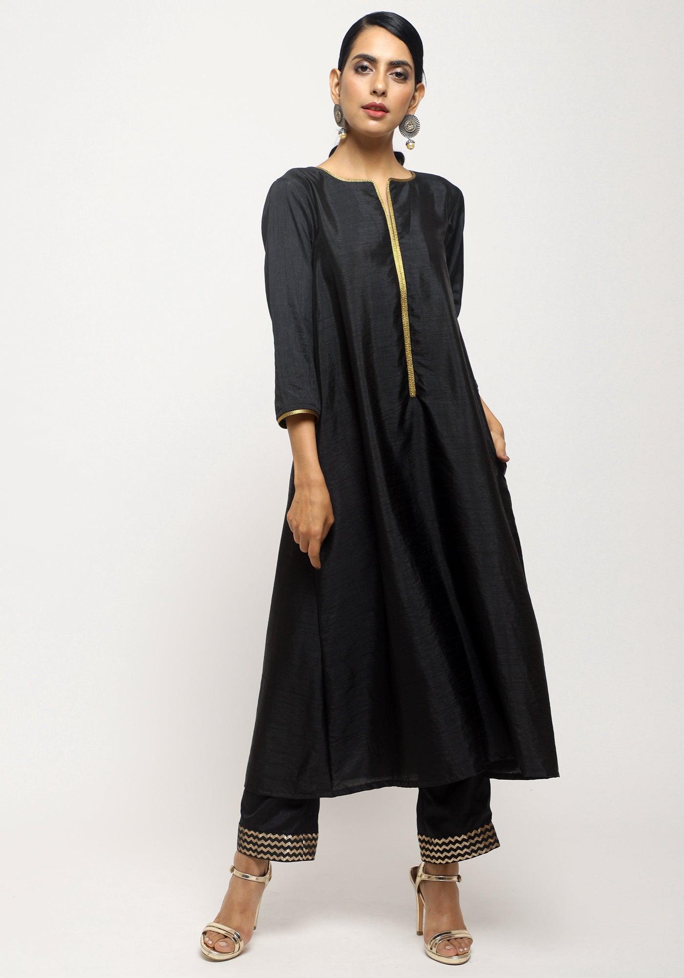 trueBrowns Black Laced Kurta- Foil Pant