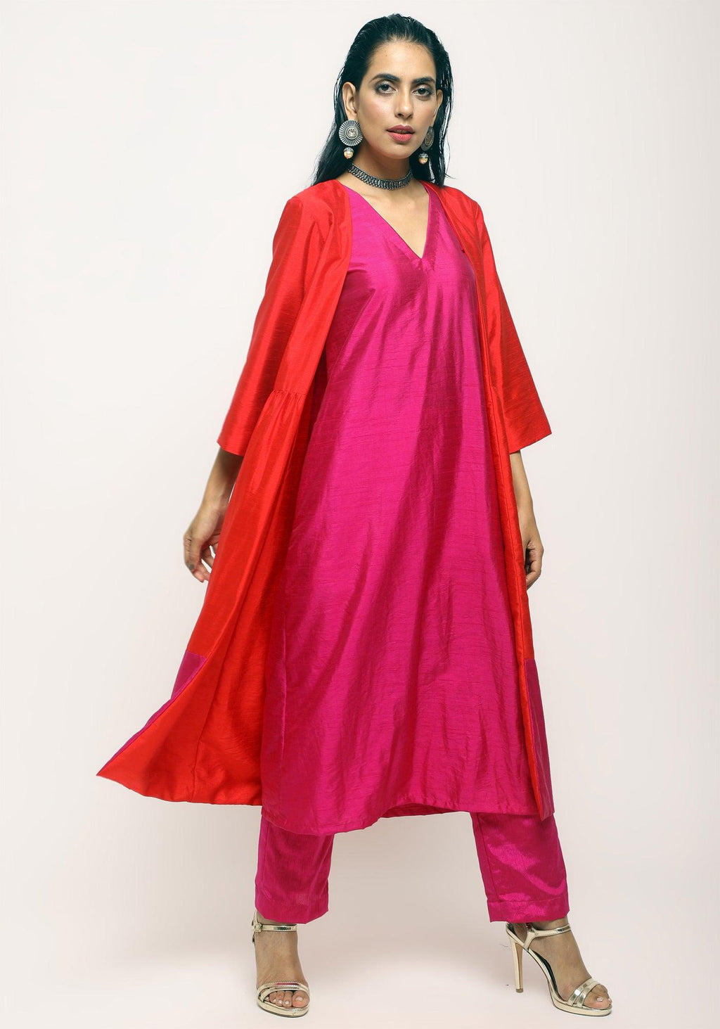 trueBrowns Orange Pink Jacket Kurta Set