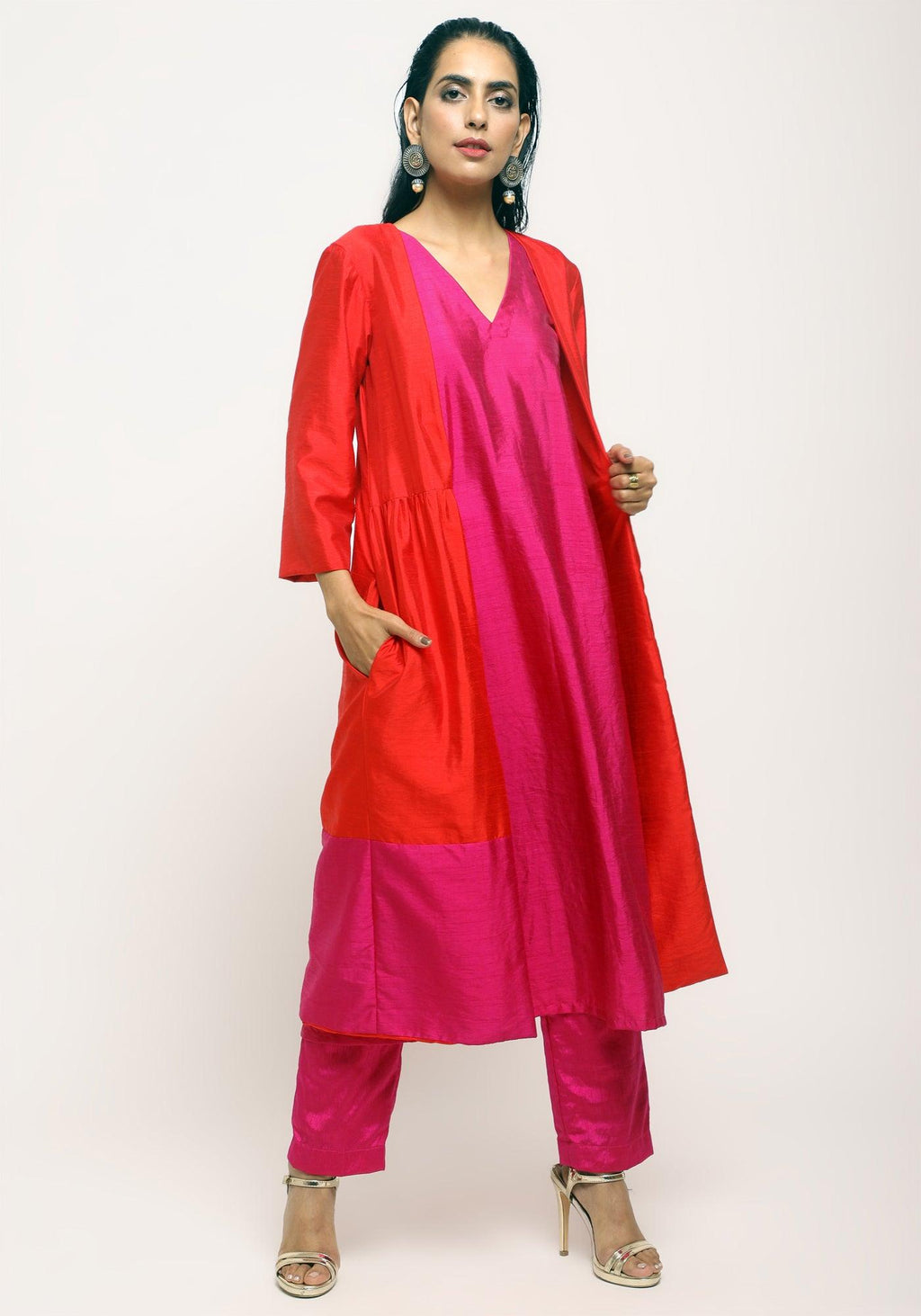 trueBrowns Orange Pink Jacket Kurta Set