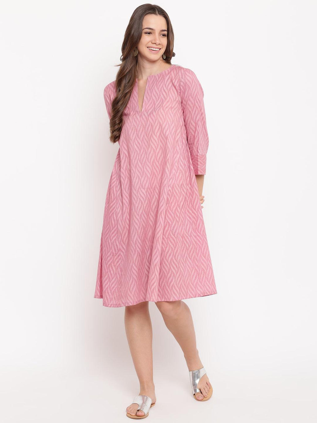 trueBrowns Pink Floral Dobby Cuff Dress