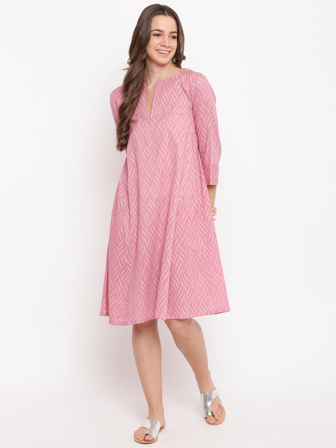 trueBrowns Pink Floral Dobby Cuff Dress